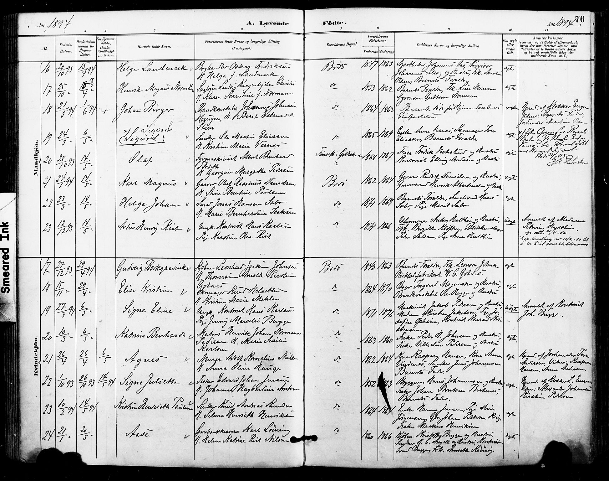 Ministerialprotokoller, klokkerbøker og fødselsregistre - Nordland, AV/SAT-A-1459/801/L0010: Parish register (official) no. 801A10, 1888-1899, p. 76