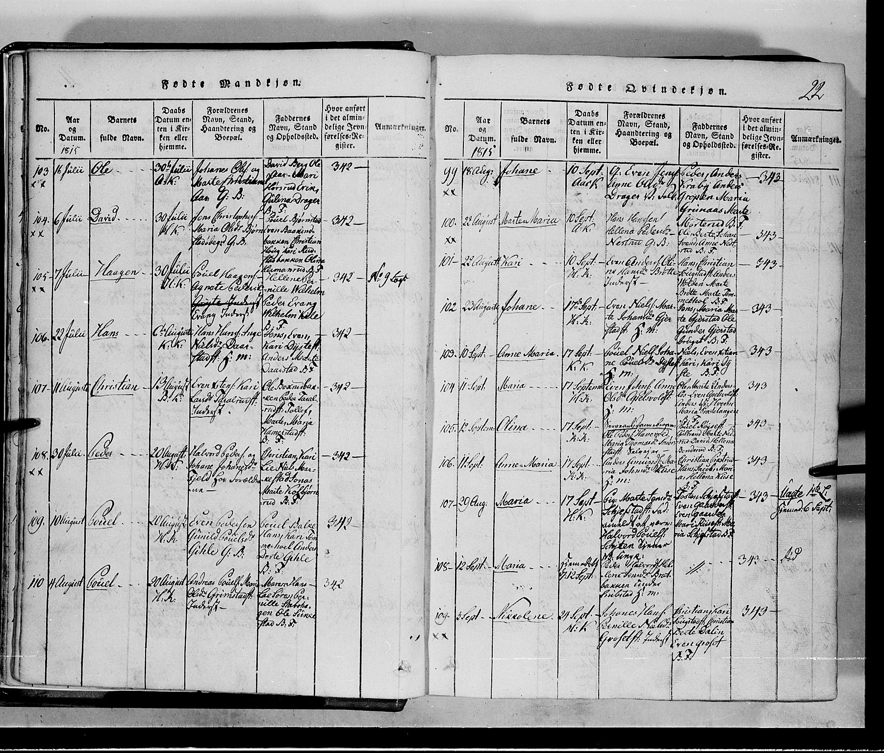 Toten prestekontor, SAH/PREST-102/H/Ha/Hab/L0001: Parish register (copy) no. 1, 1814-1820, p. 22