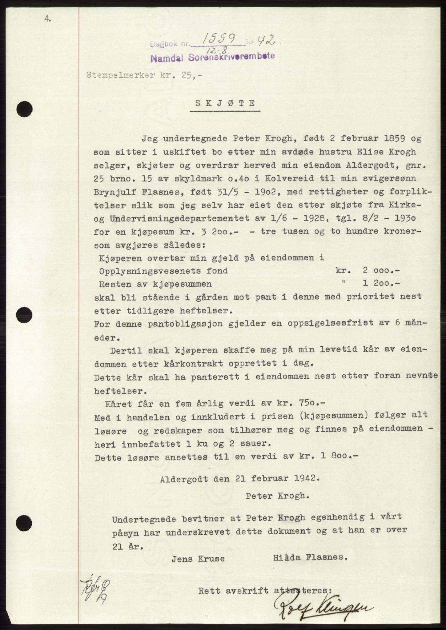 Namdal sorenskriveri, SAT/A-4133/1/2/2C: Mortgage book no. -, 1942-1943, Diary no: : 1559/1942