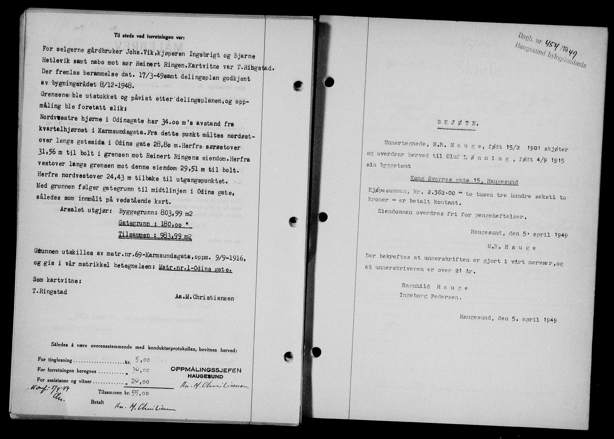 Haugesund tingrett, SAST/A-101415/01/II/IIC/L0063: Mortgage book no. A 4, 1946-1948, Diary no: : 454/1949