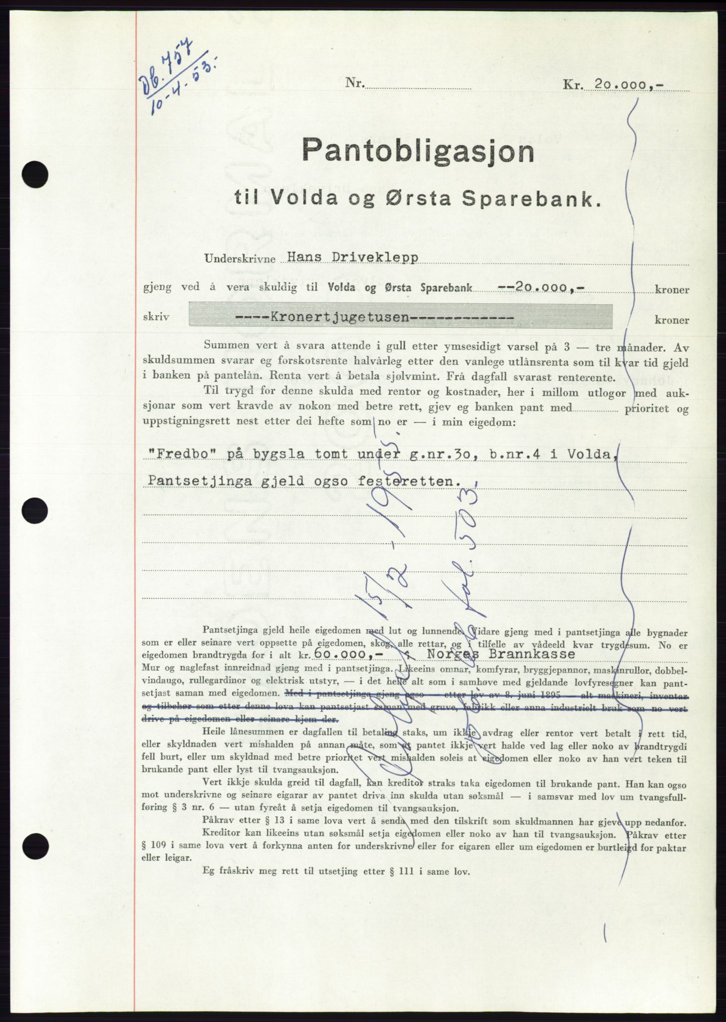 Søre Sunnmøre sorenskriveri, SAT/A-4122/1/2/2C/L0123: Mortgage book no. 11B, 1953-1953, Diary no: : 757/1953