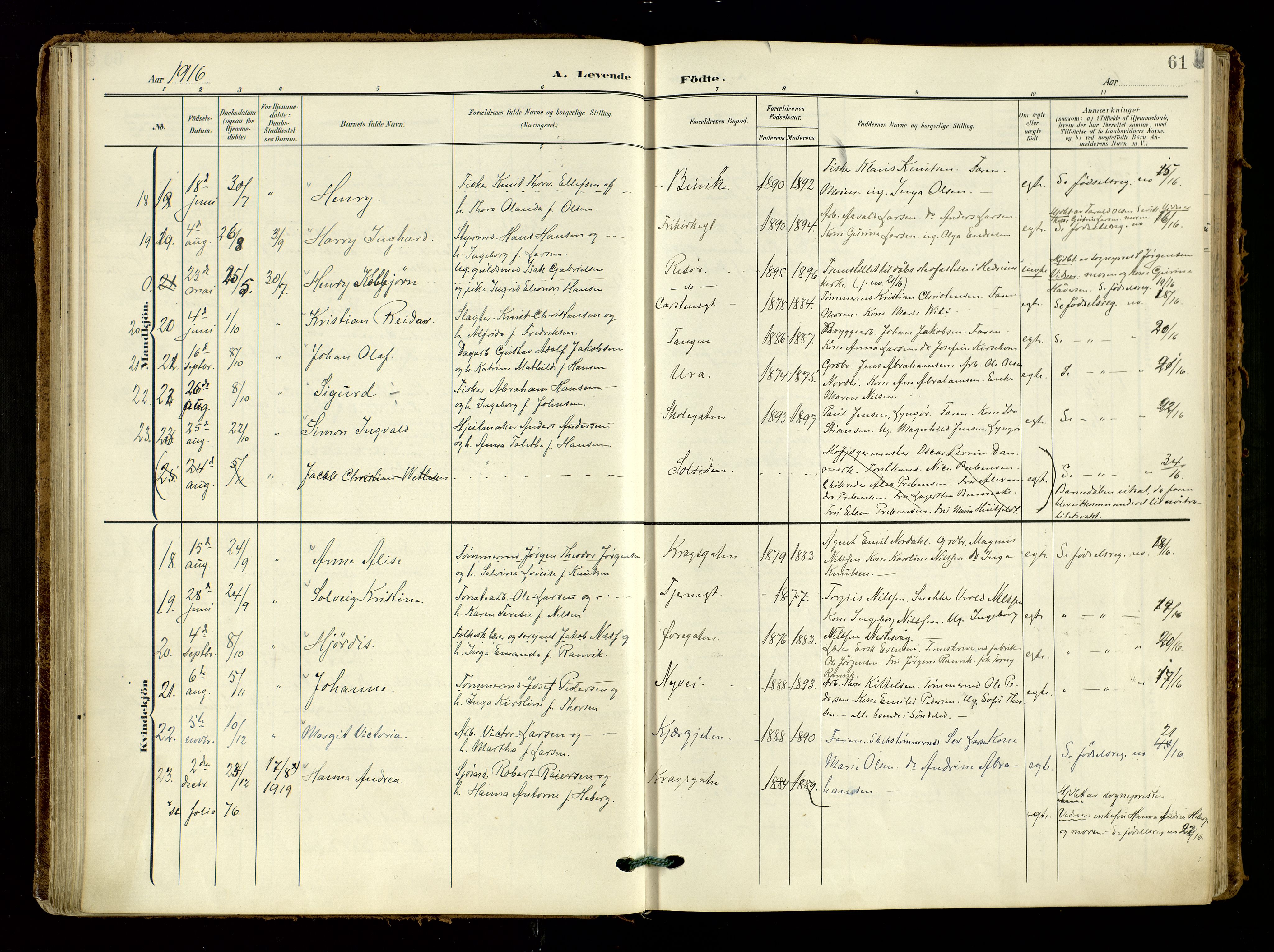 Risør sokneprestkontor, AV/SAK-1111-0035/F/Fa/L0011: Parish register (official) no. A 11, 1907-1920, p. 61