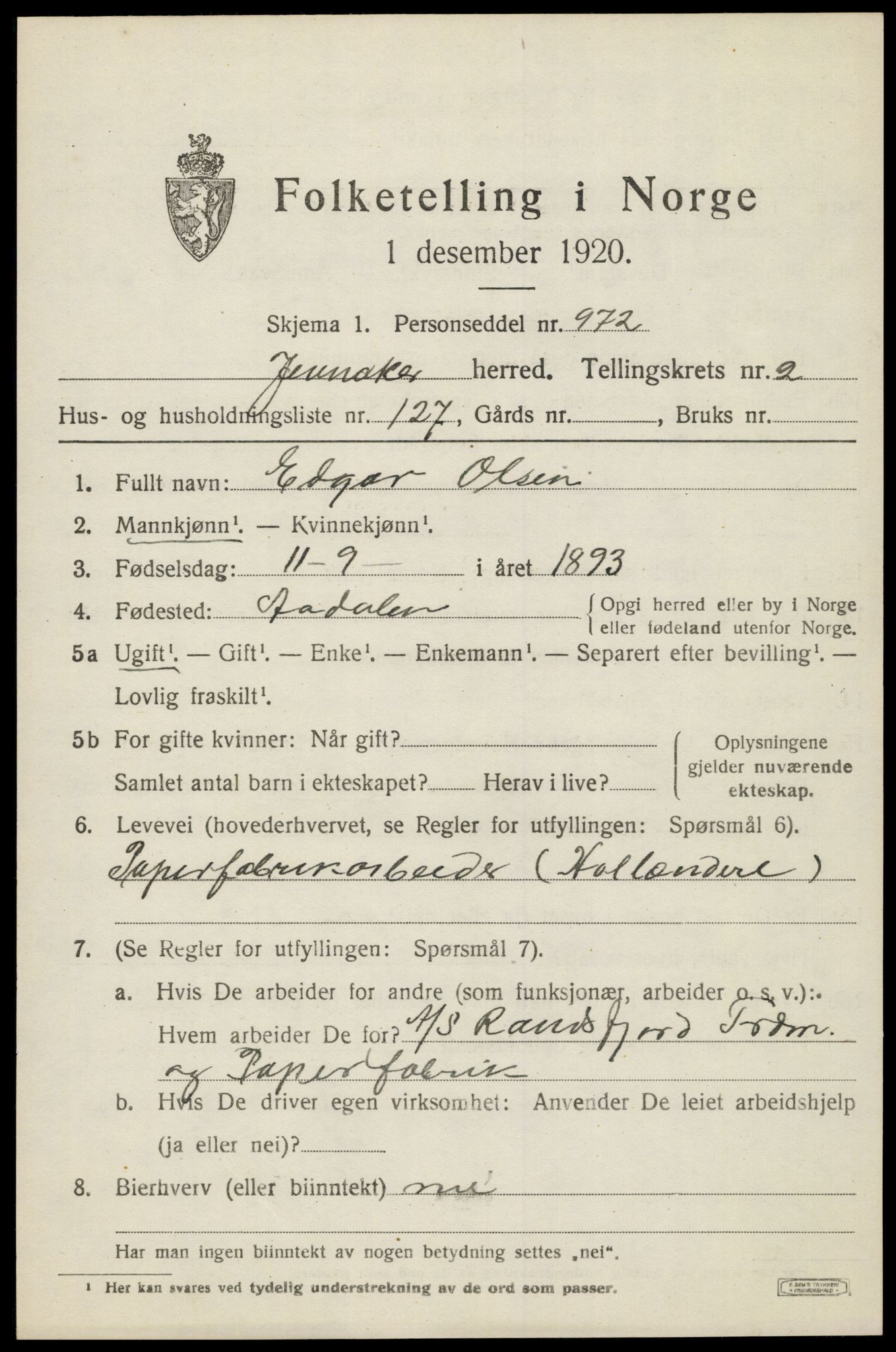 SAH, 1920 census for Jevnaker, 1920, p. 3343