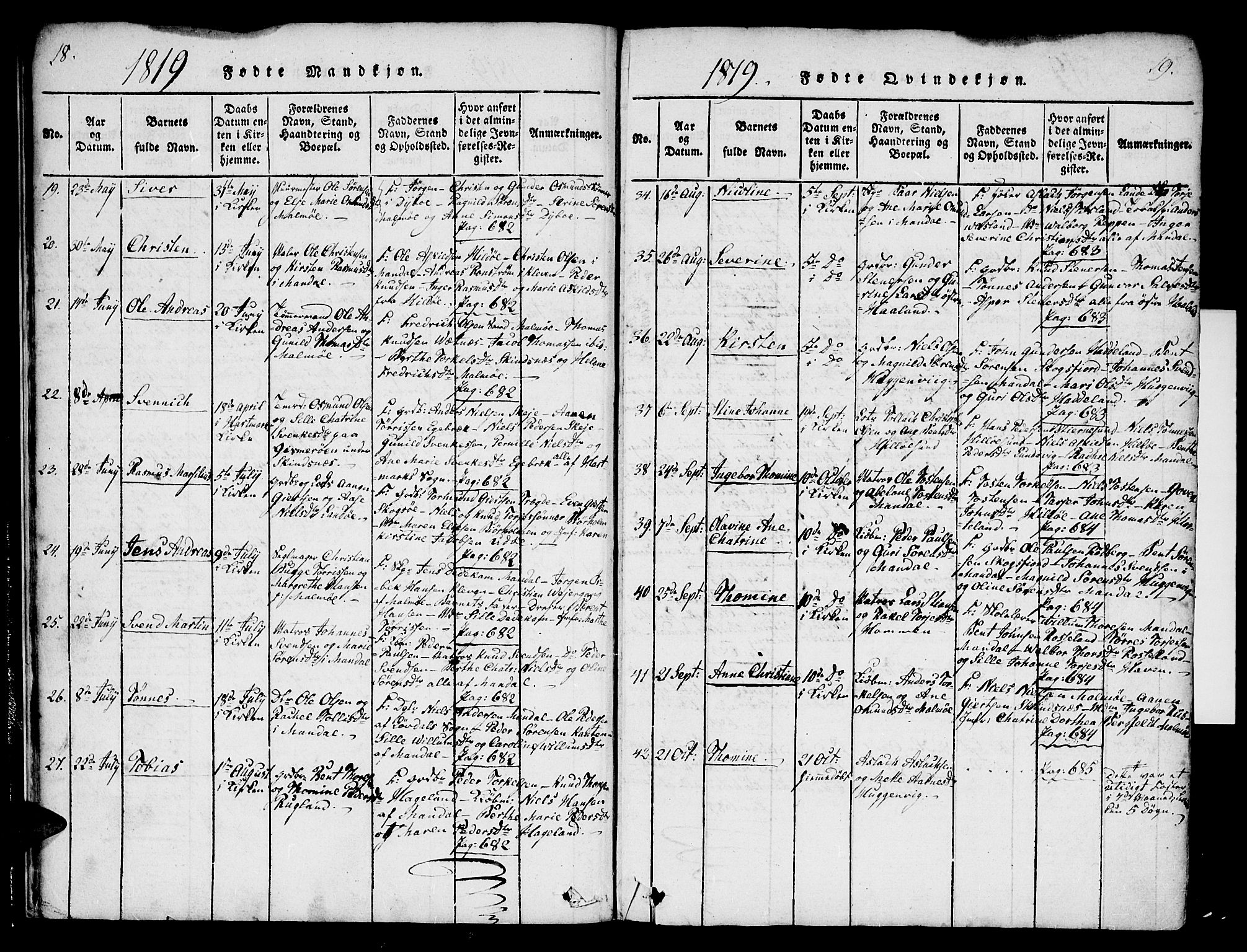 Mandal sokneprestkontor, AV/SAK-1111-0030/F/Fa/Faa/L0010: Parish register (official) no. A 10, 1817-1830, p. 18-19