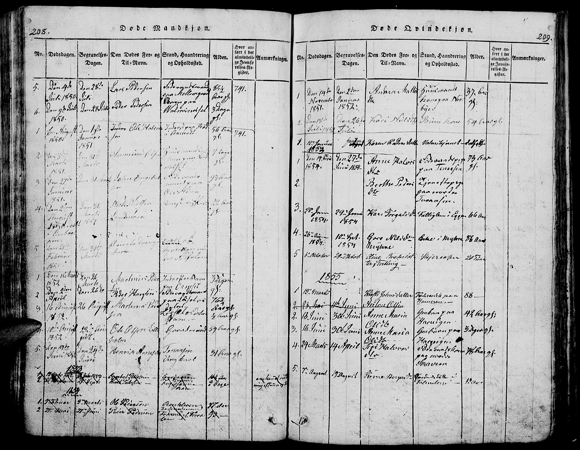 Trysil prestekontor, SAH/PREST-046/H/Ha/Hab/L0005: Parish register (copy) no. 5, 1814-1877, p. 208-209