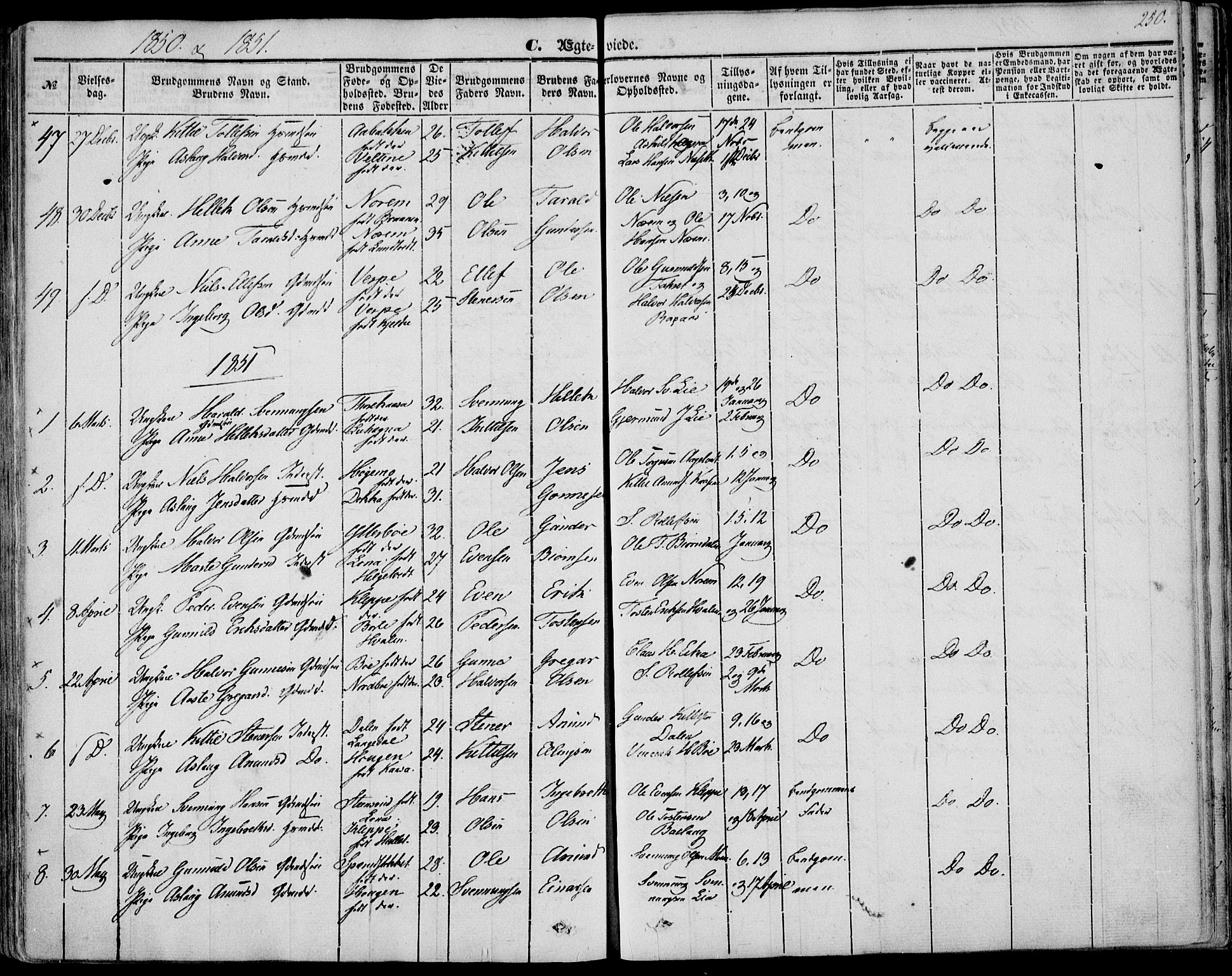 Bø kirkebøker, AV/SAKO-A-257/F/Fa/L0008: Parish register (official) no. 8, 1849-1861, p. 250