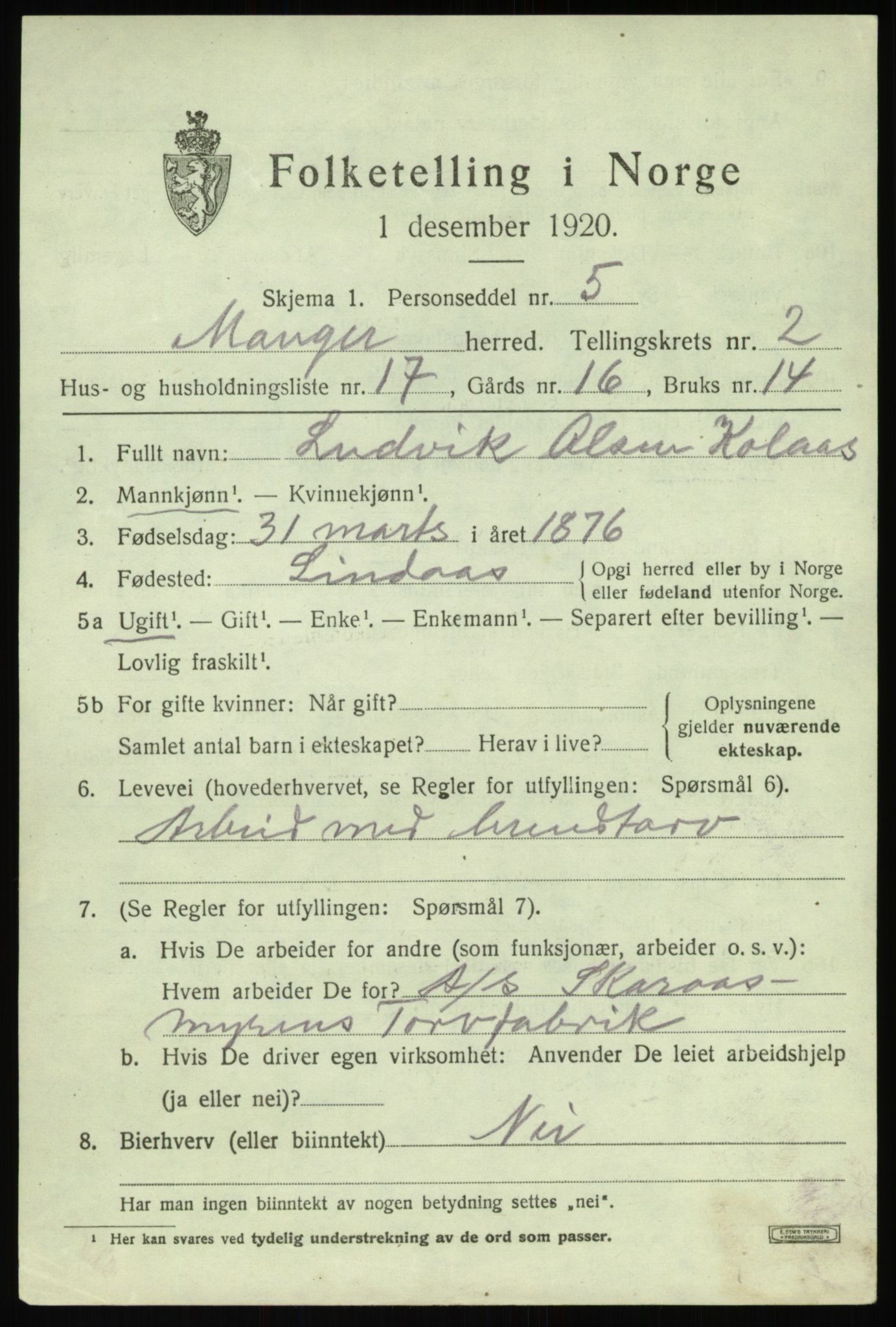 SAB, 1920 census for Manger, 1920, p. 2185