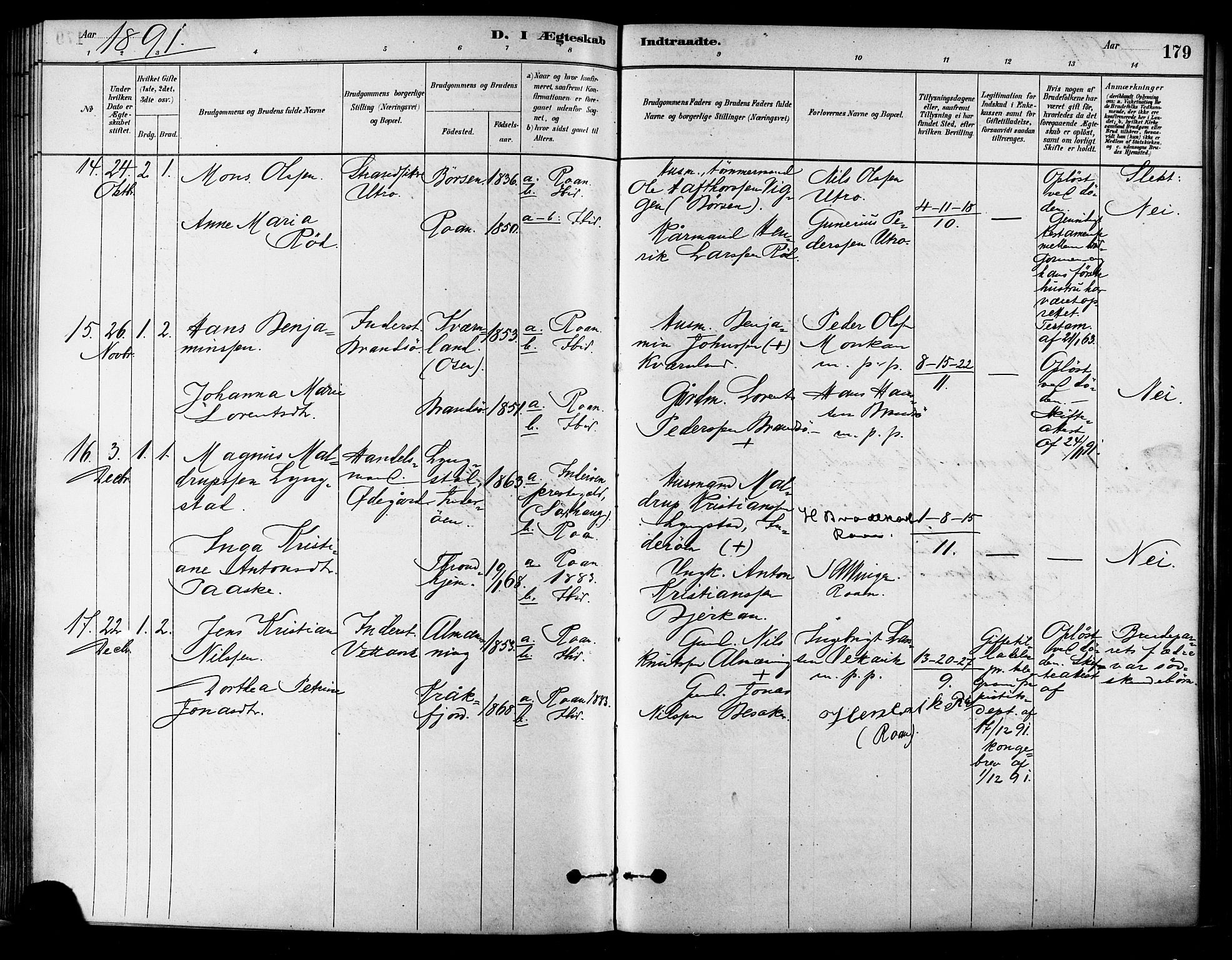 Ministerialprotokoller, klokkerbøker og fødselsregistre - Sør-Trøndelag, SAT/A-1456/657/L0707: Parish register (official) no. 657A08, 1879-1893, p. 179