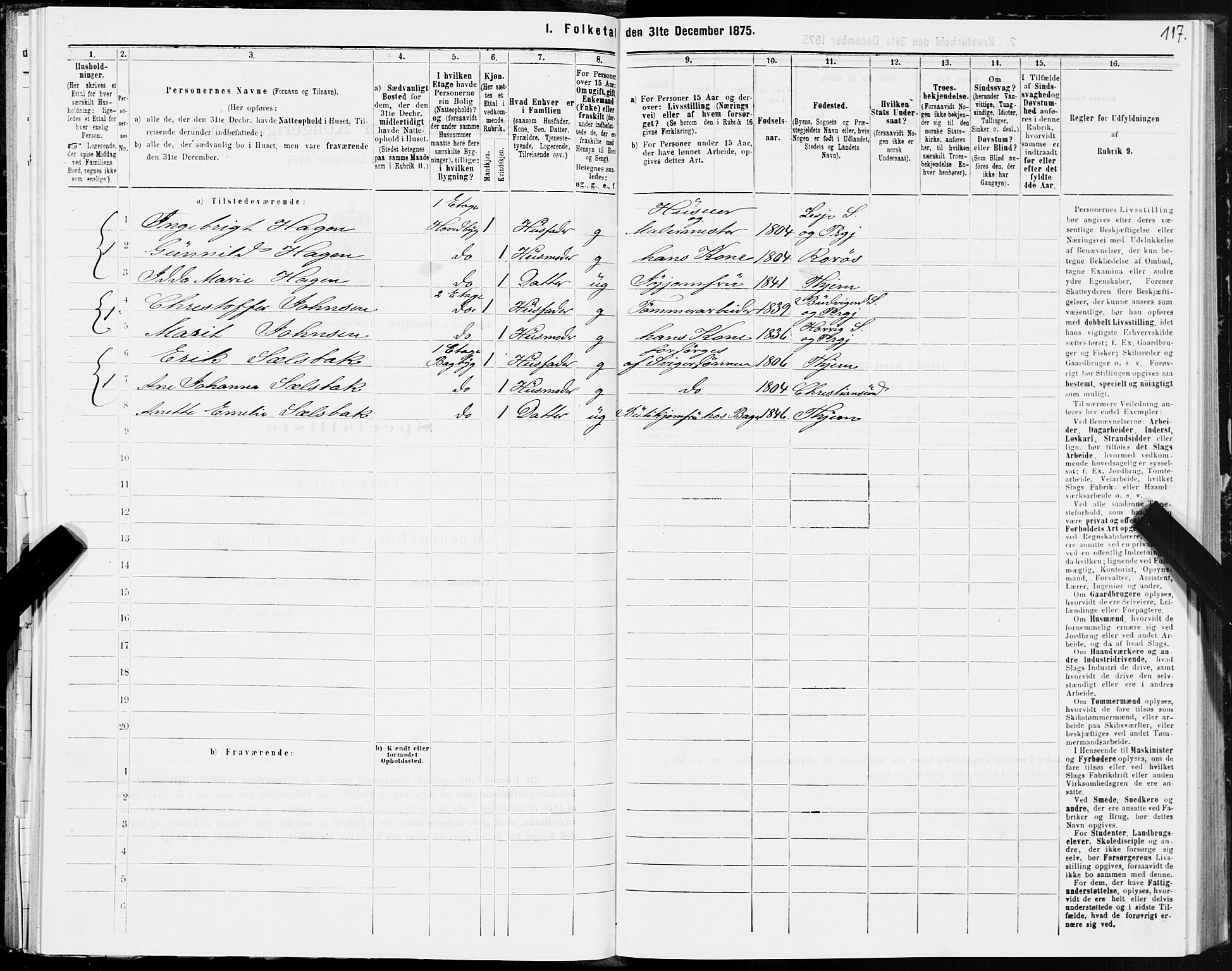 SAT, 1875 census for 1601 Trondheim, 1875, p. 6117