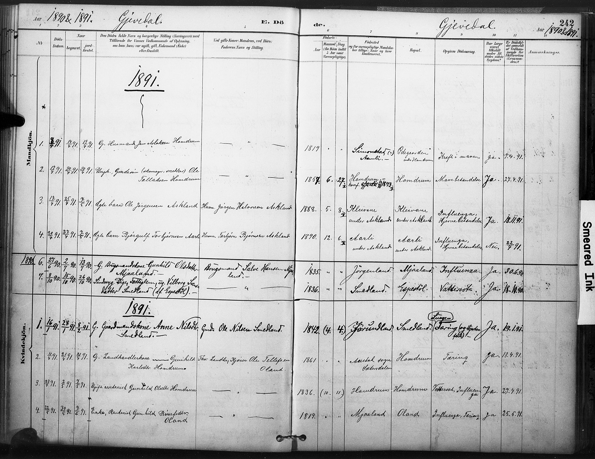 Åmli sokneprestkontor, SAK/1111-0050/F/Fa/Fac/L0010: Parish register (official) no. A 10 /2, 1885-1899, p. 242