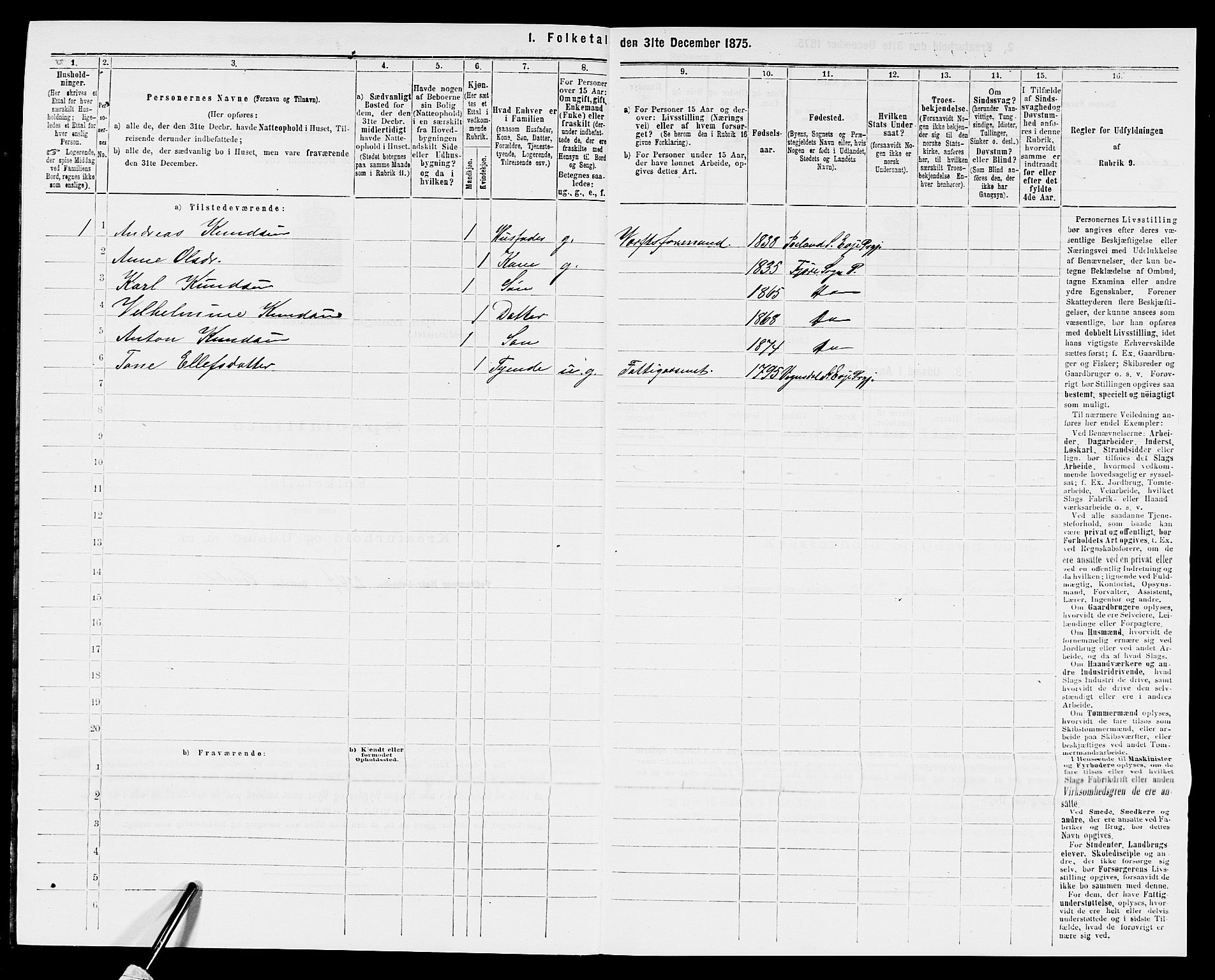 SAK, 1875 census for 0923L Fjære/Fjære, 1875, p. 730