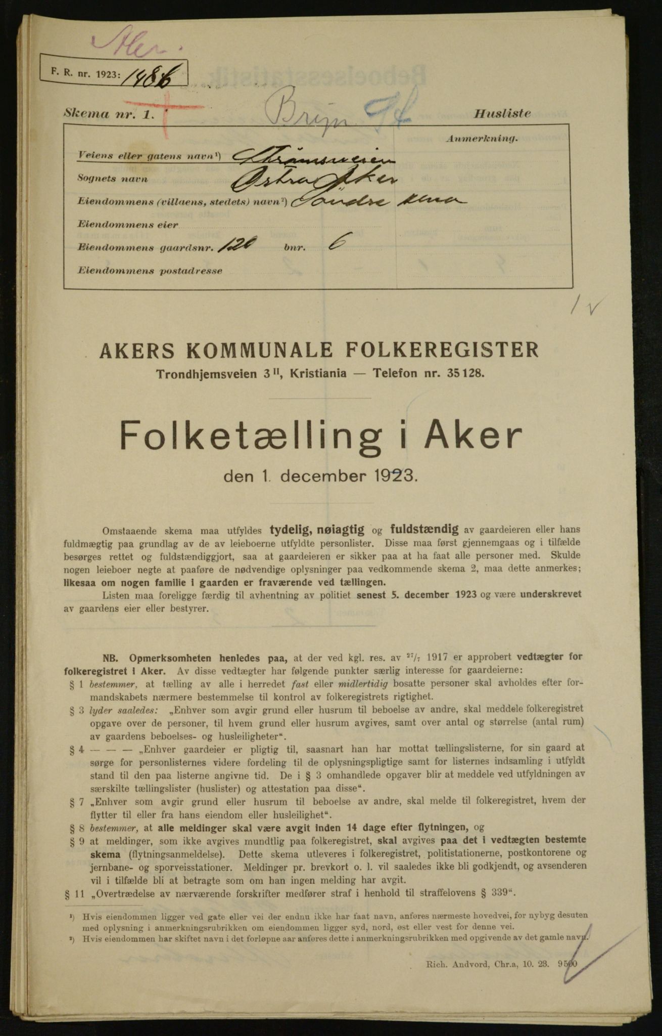 , Municipal Census 1923 for Aker, 1923, p. 31700