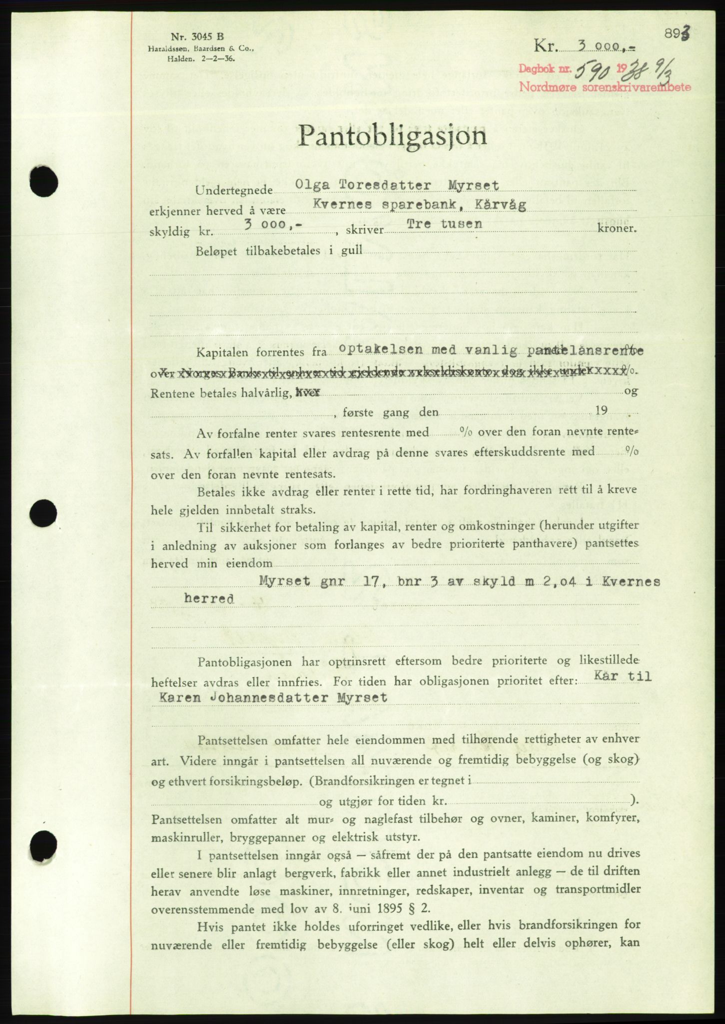 Nordmøre sorenskriveri, AV/SAT-A-4132/1/2/2Ca/L0092: Mortgage book no. B82, 1937-1938, Diary no: : 590/1938