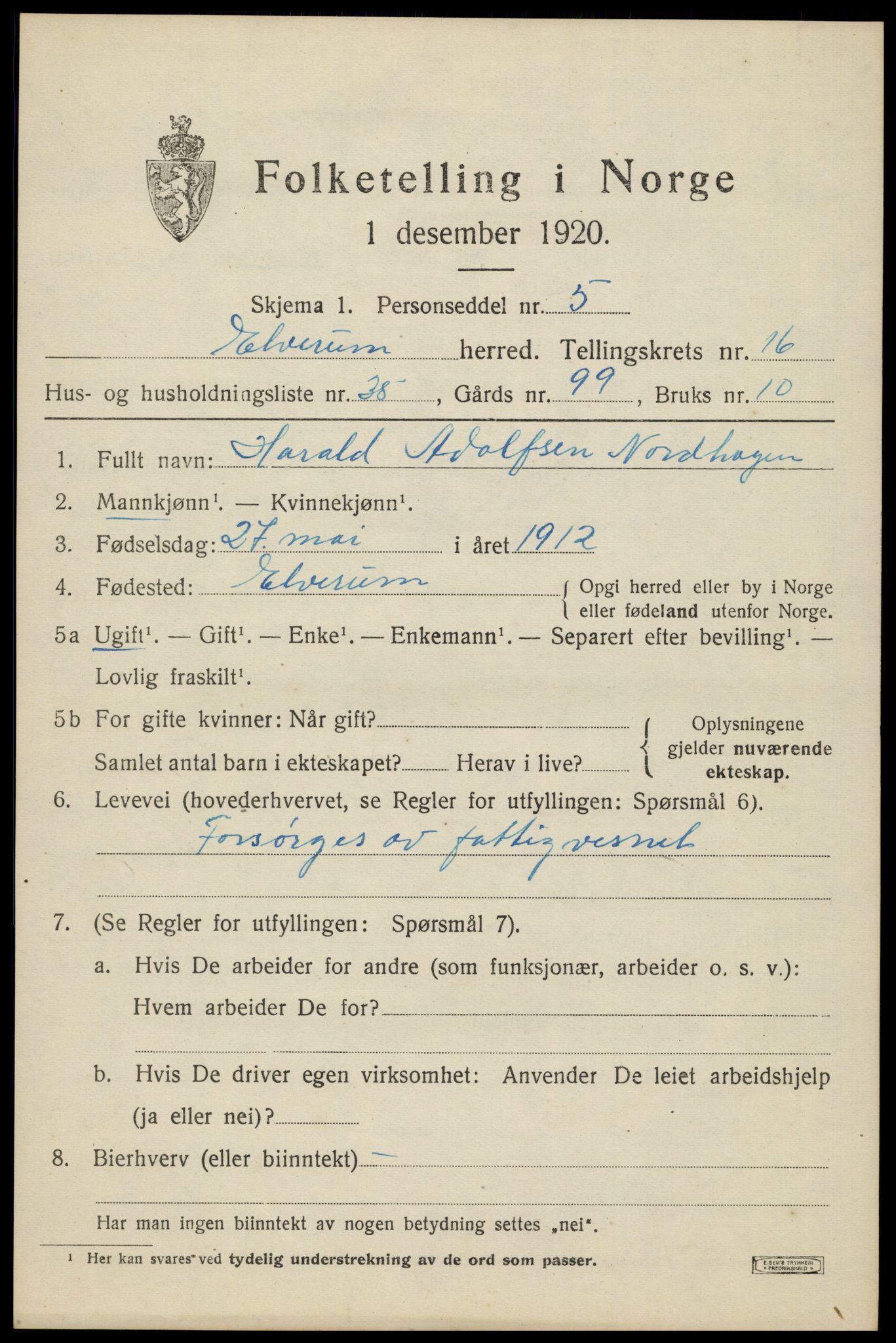 SAH, 1920 census for Elverum, 1920, p. 21186