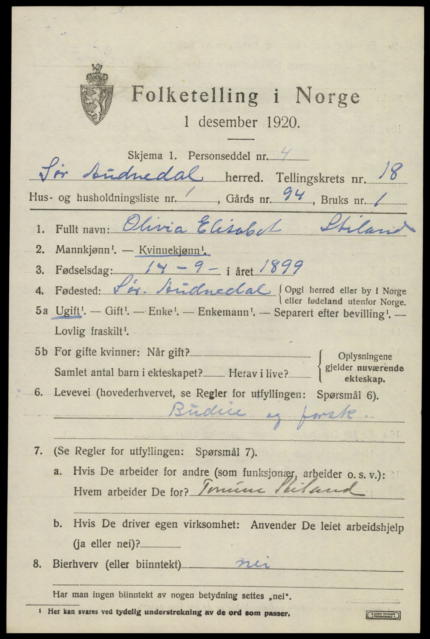 SAK, 1920 census for Sør-Audnedal, 1920, p. 6525