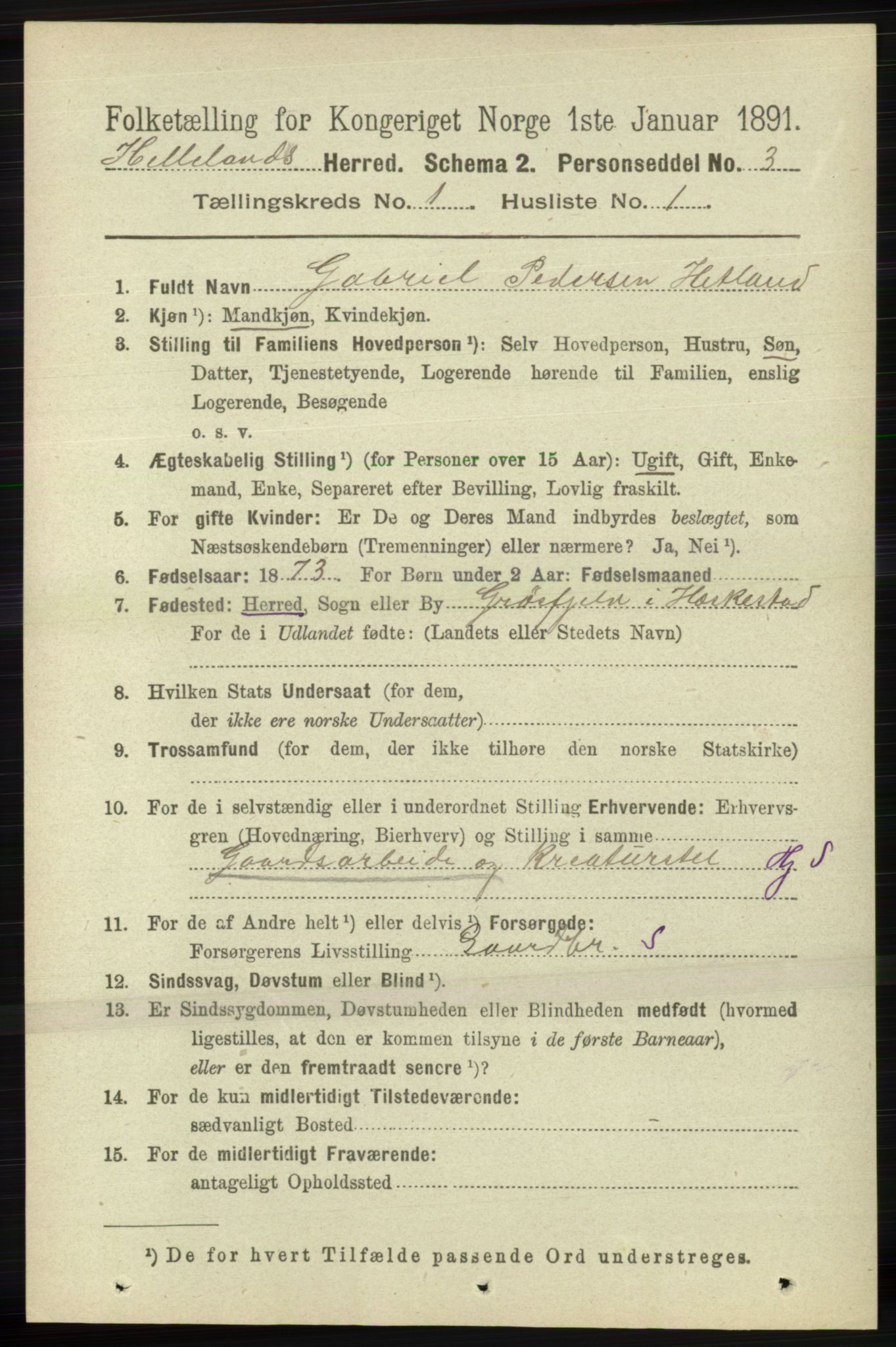 RA, 1891 census for 1115 Helleland, 1891, p. 69