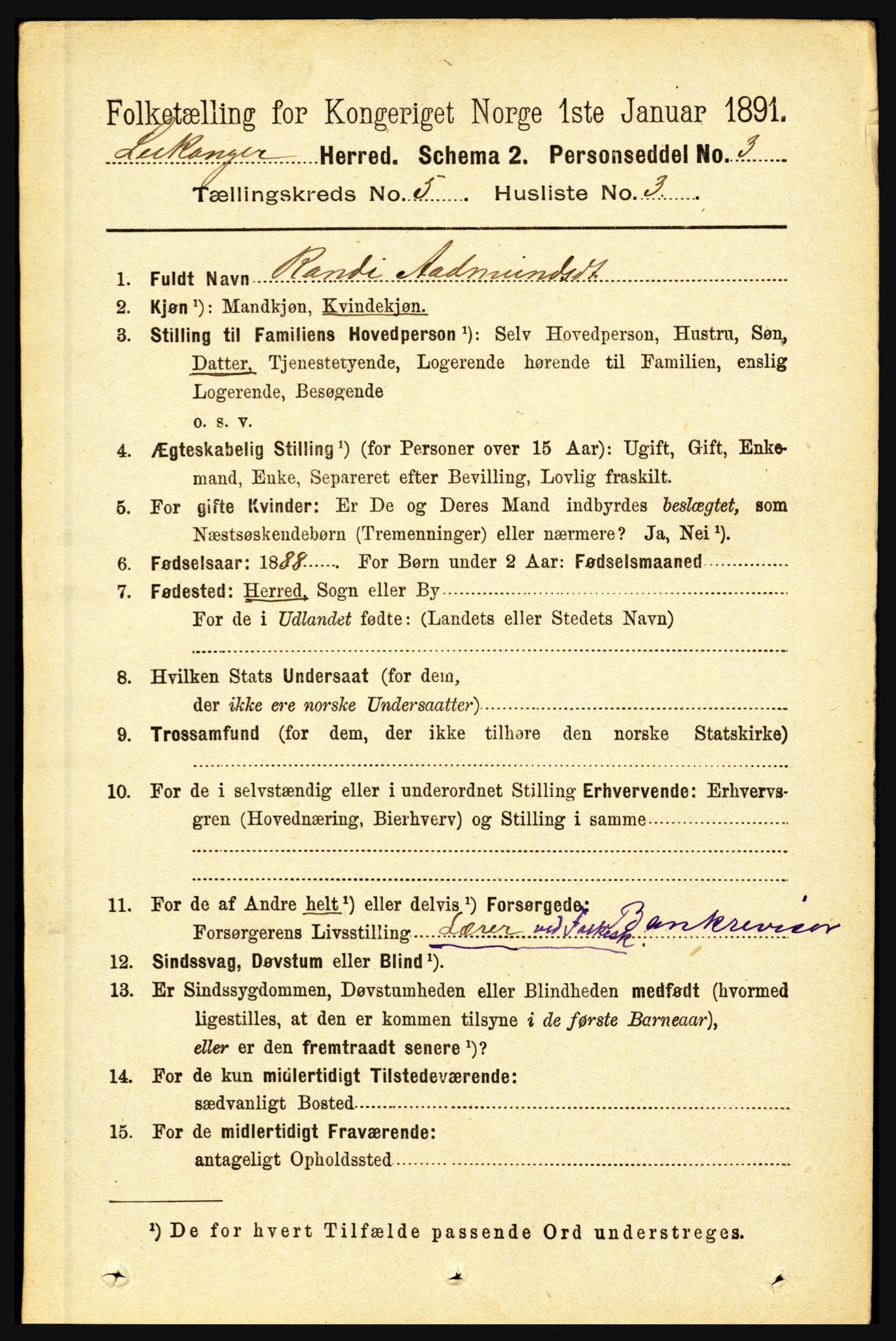 RA, 1891 census for 1419 Leikanger, 1891, p. 883