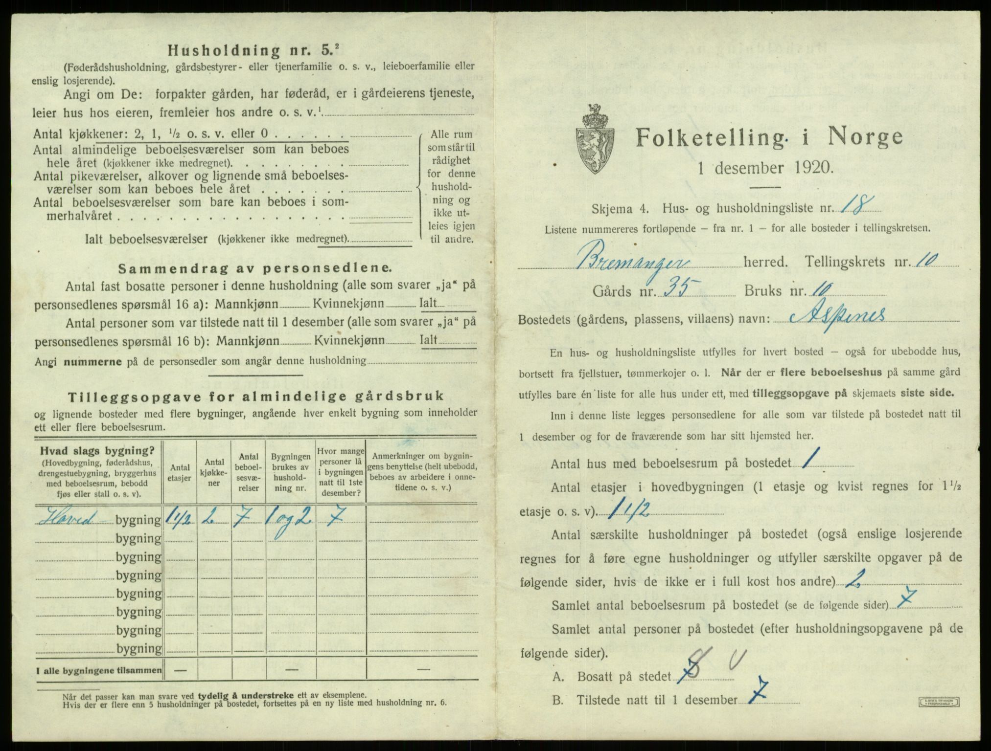 SAB, 1920 census for Bremanger, 1920, p. 748