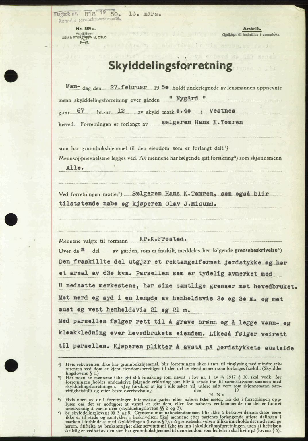 Romsdal sorenskriveri, AV/SAT-A-4149/1/2/2C: Mortgage book no. A32, 1950-1950, Diary no: : 818/1950