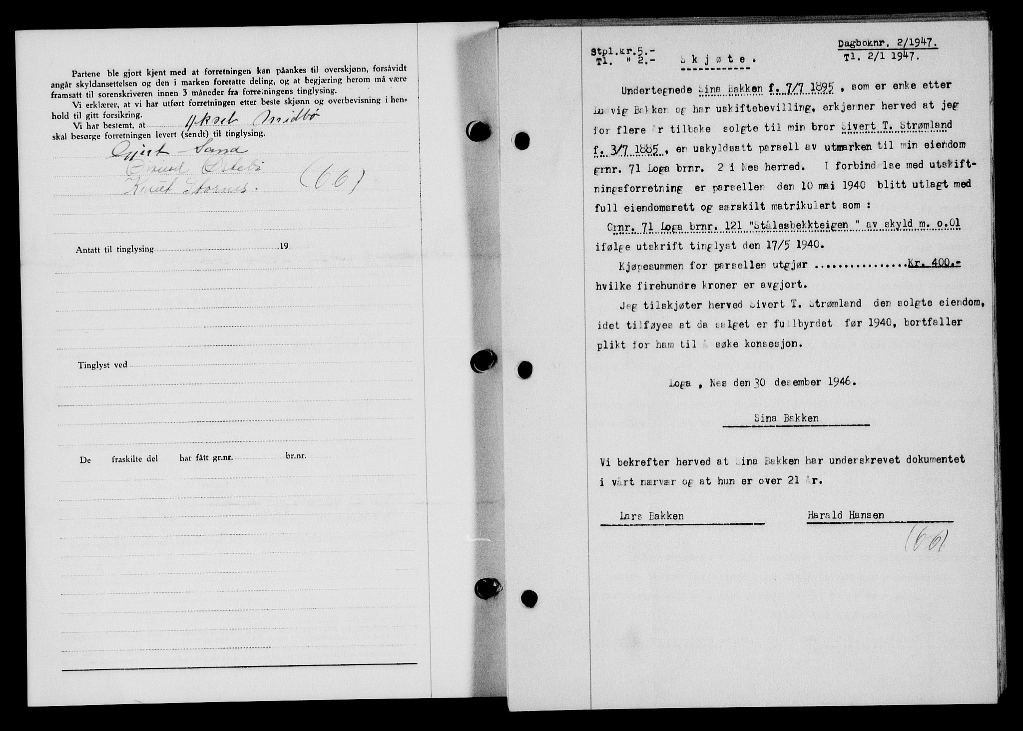 Flekkefjord sorenskriveri, AV/SAK-1221-0001/G/Gb/Gba/L0061: Mortgage book no. A-9, 1946-1947, Diary no: : 2/1947