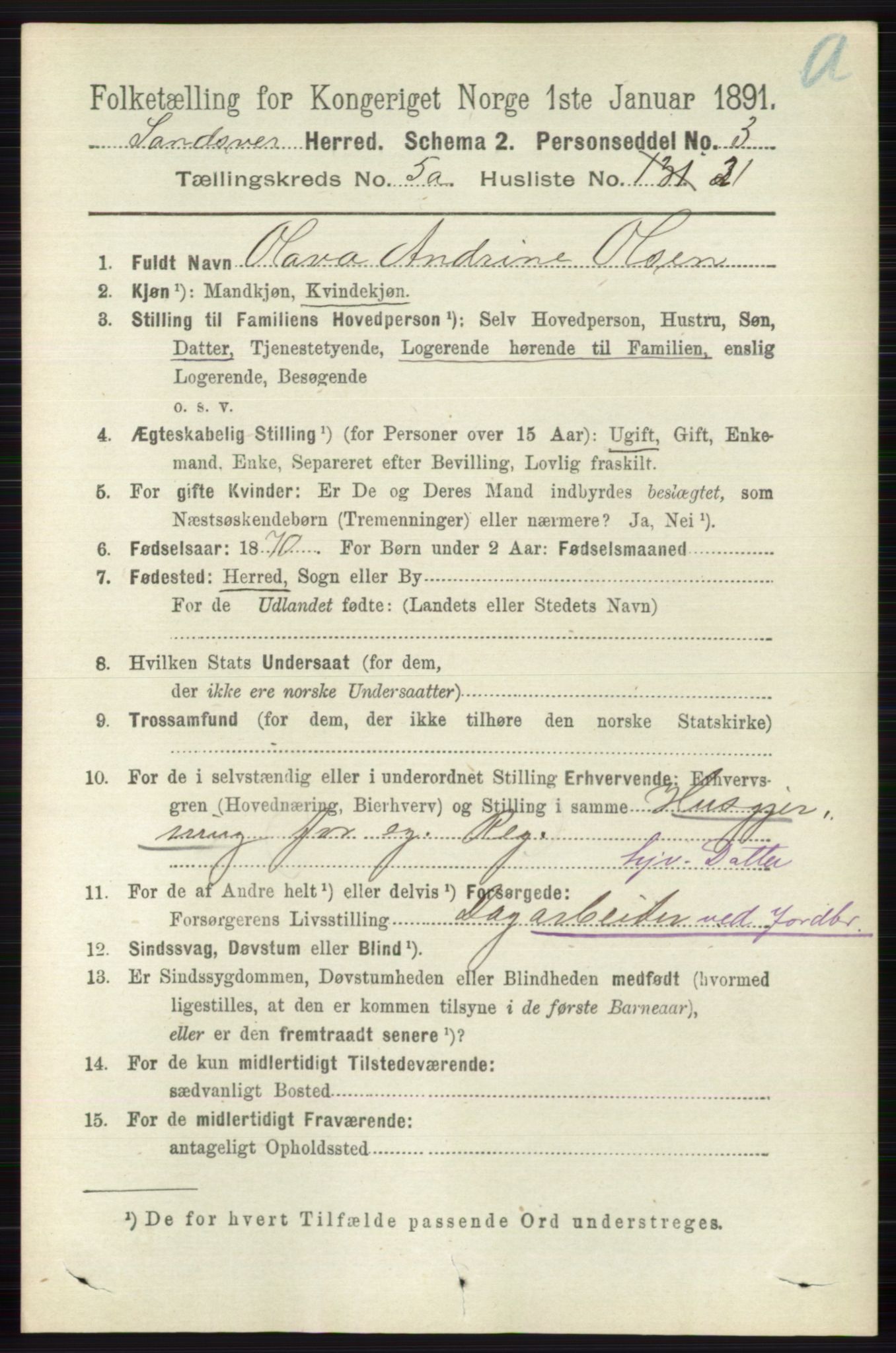 RA, 1891 census for 0629 Sandsvær, 1891, p. 2601