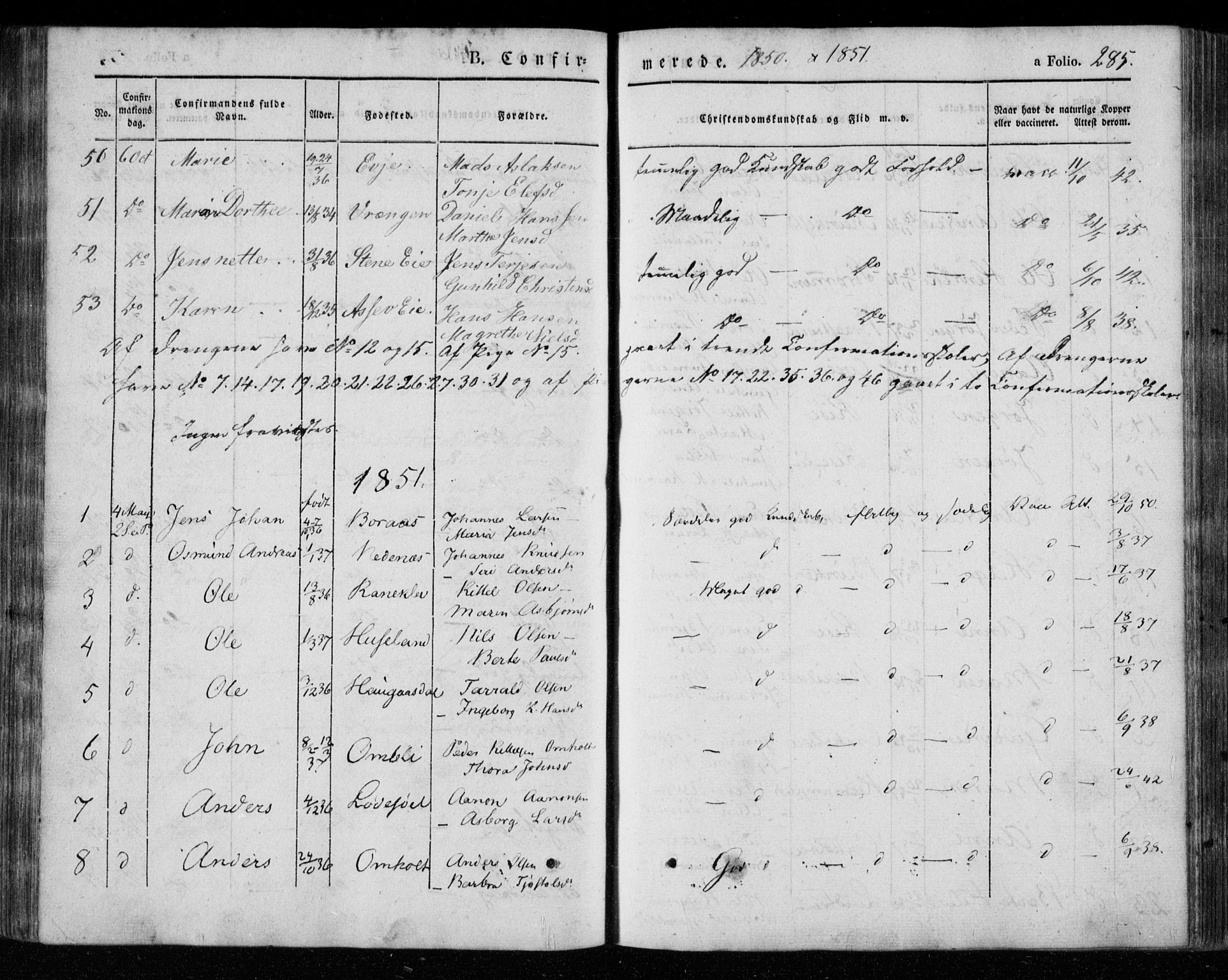 Øyestad sokneprestkontor, SAK/1111-0049/F/Fa/L0014: Parish register (official) no. A 14, 1843-1856, p. 285