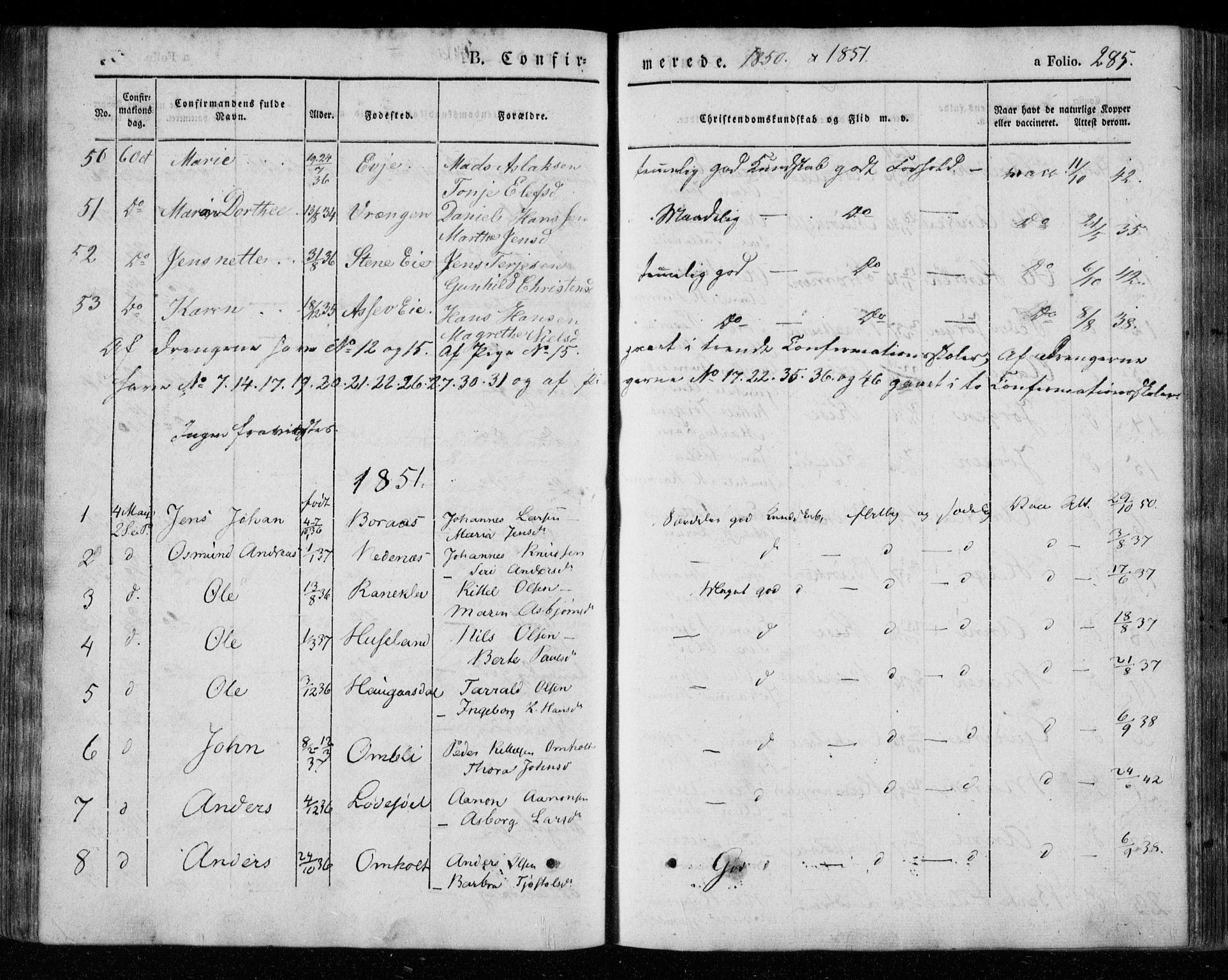 Øyestad sokneprestkontor, AV/SAK-1111-0049/F/Fa/L0014: Parish register (official) no. A 14, 1843-1856, p. 285