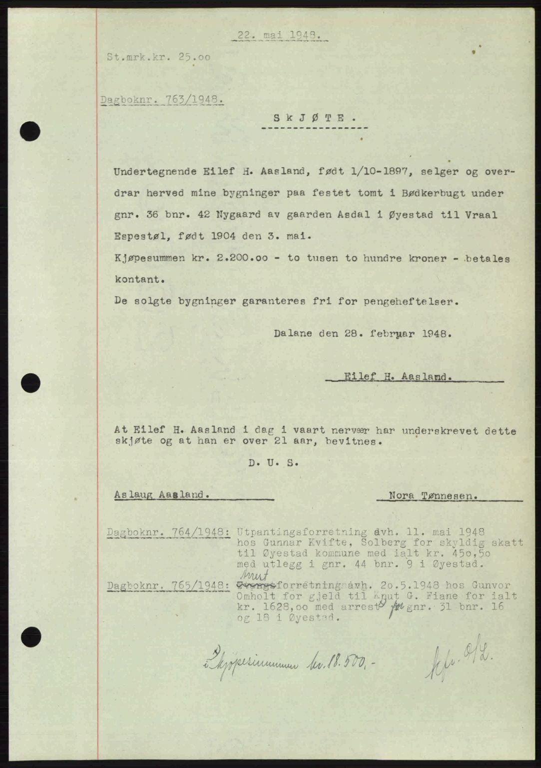 Nedenes sorenskriveri, SAK/1221-0006/G/Gb/Gba/L0059: Mortgage book no. A11, 1948-1948, Diary no: : 763/1948