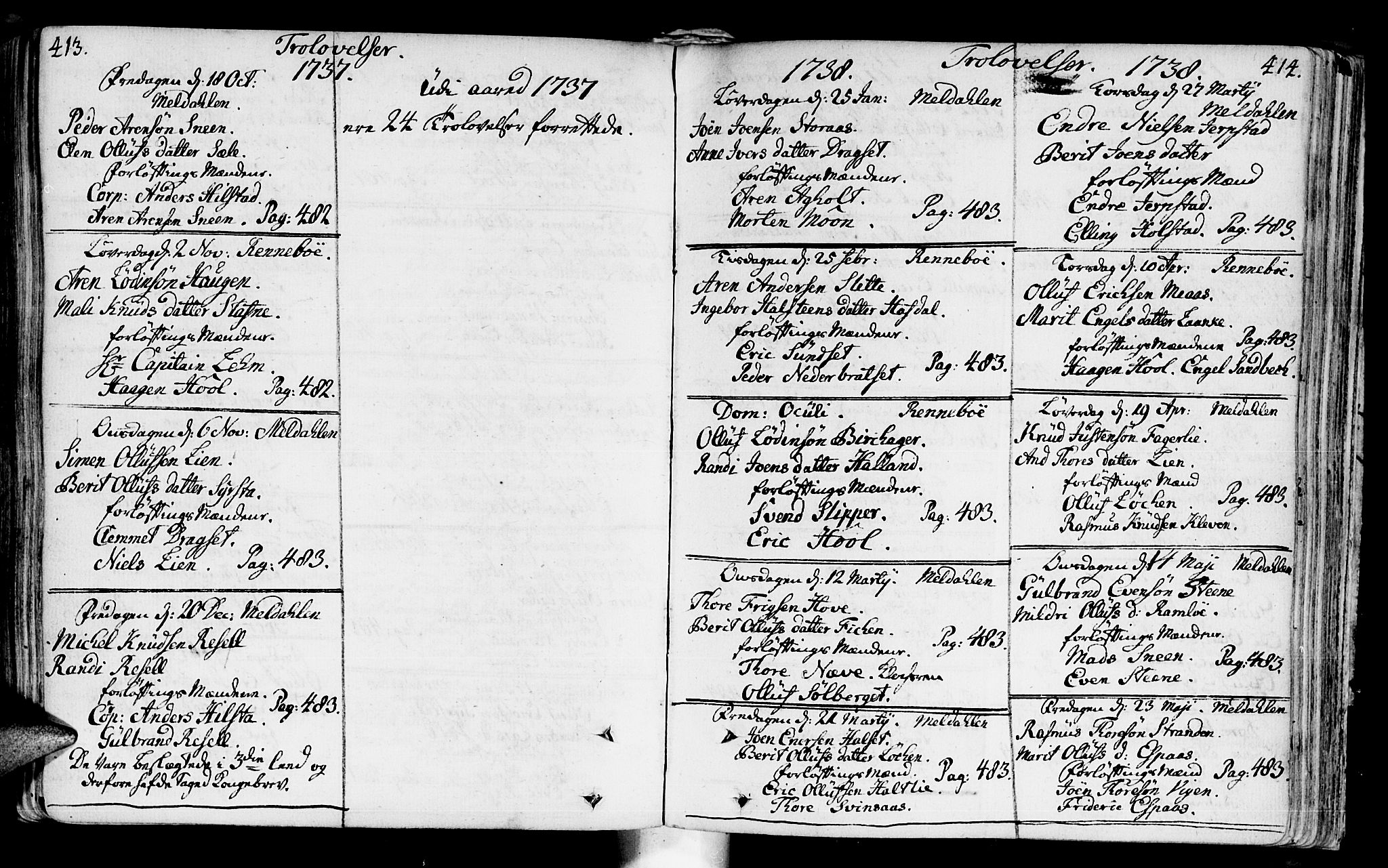 Ministerialprotokoller, klokkerbøker og fødselsregistre - Sør-Trøndelag, SAT/A-1456/672/L0850: Parish register (official) no. 672A03, 1725-1751, p. 413-414