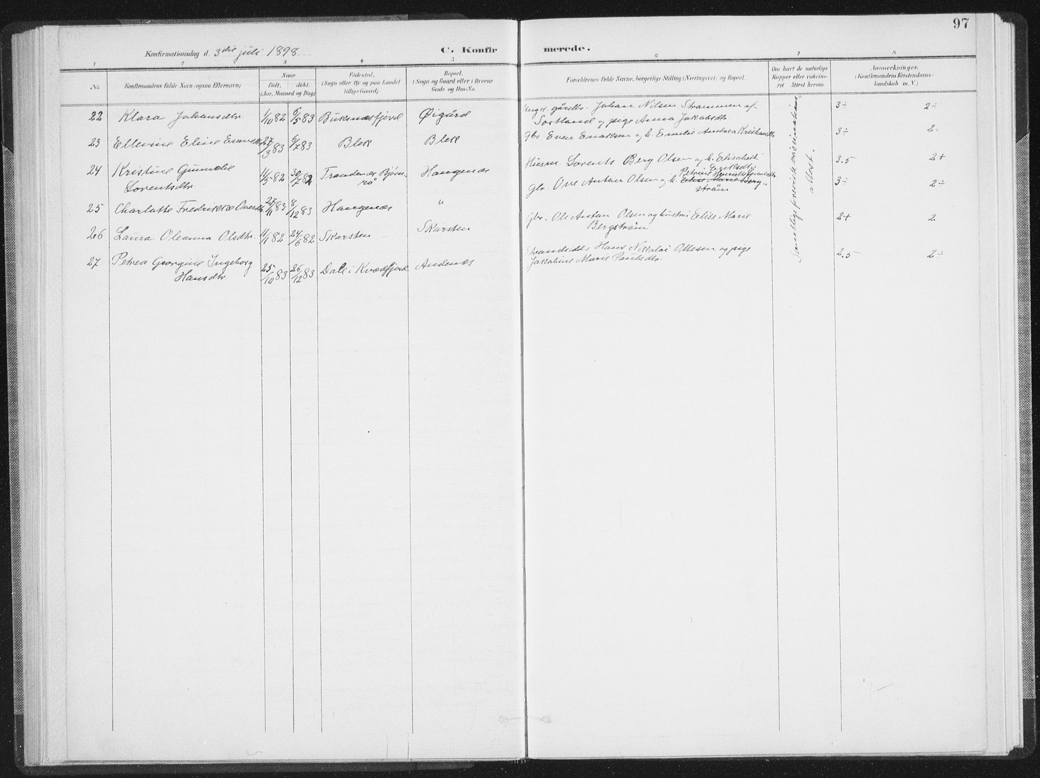 Ministerialprotokoller, klokkerbøker og fødselsregistre - Nordland, AV/SAT-A-1459/897/L1400: Parish register (official) no. 897A07, 1897-1908, p. 97