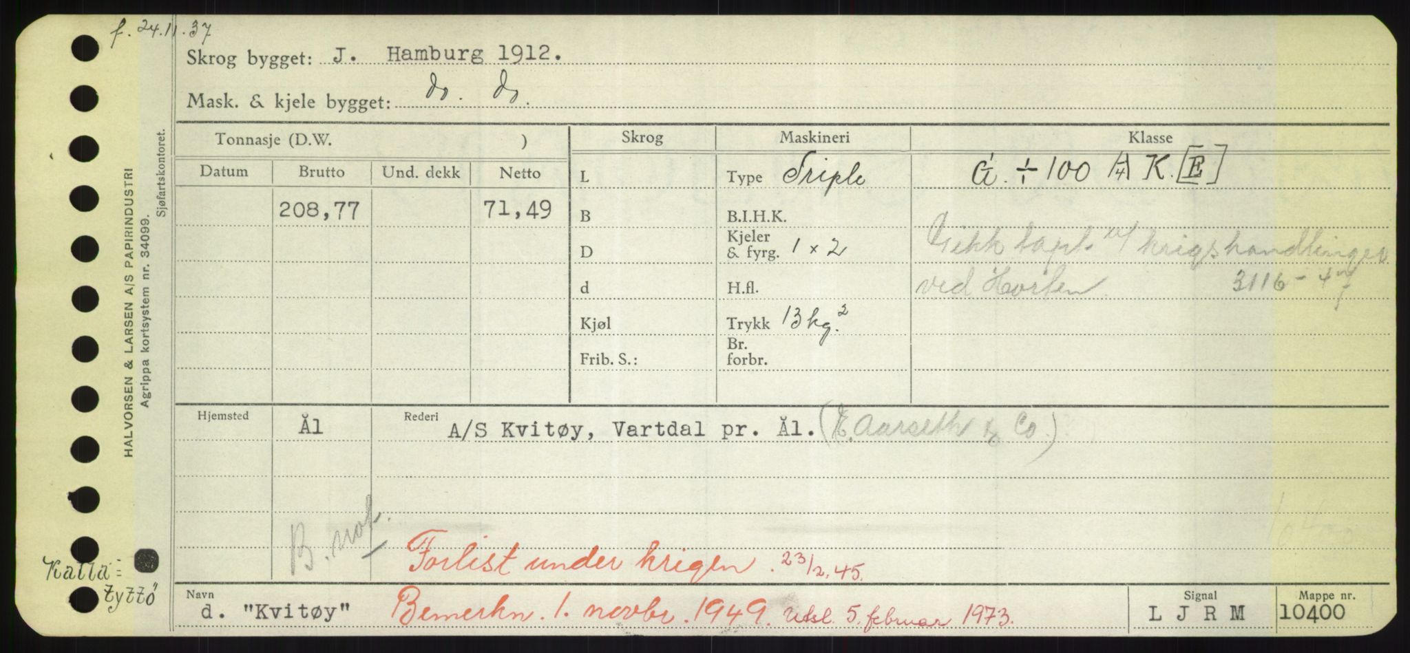 Sjøfartsdirektoratet med forløpere, Skipsmålingen, RA/S-1627/H/Hd/L0021: Fartøy, Kor-Kår, p. 383