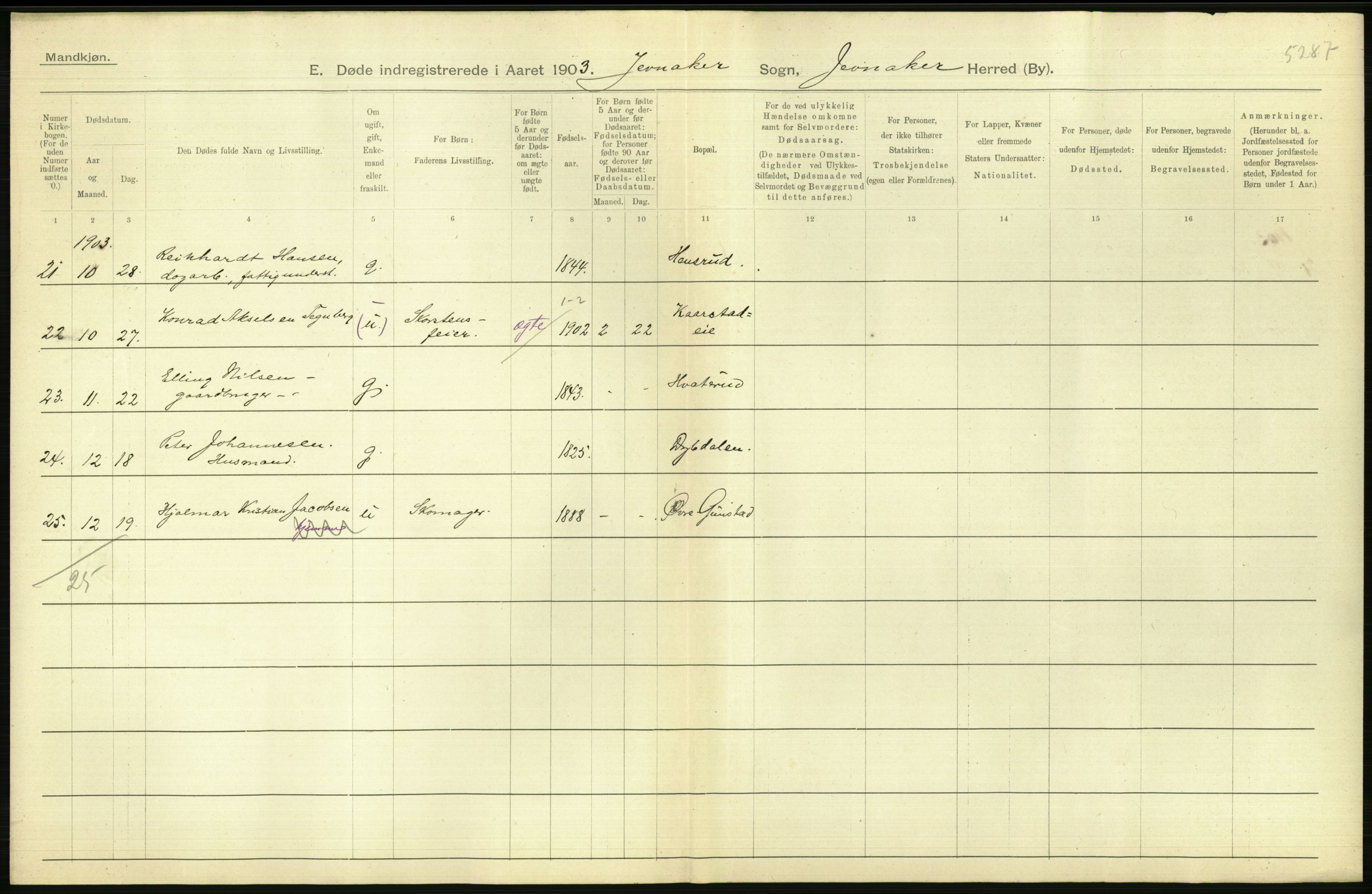 Statistisk sentralbyrå, Sosiodemografiske emner, Befolkning, AV/RA-S-2228/D/Df/Dfa/Dfaa/L0006: Kristians amt: Fødte, gifte, døde, 1903, p. 596