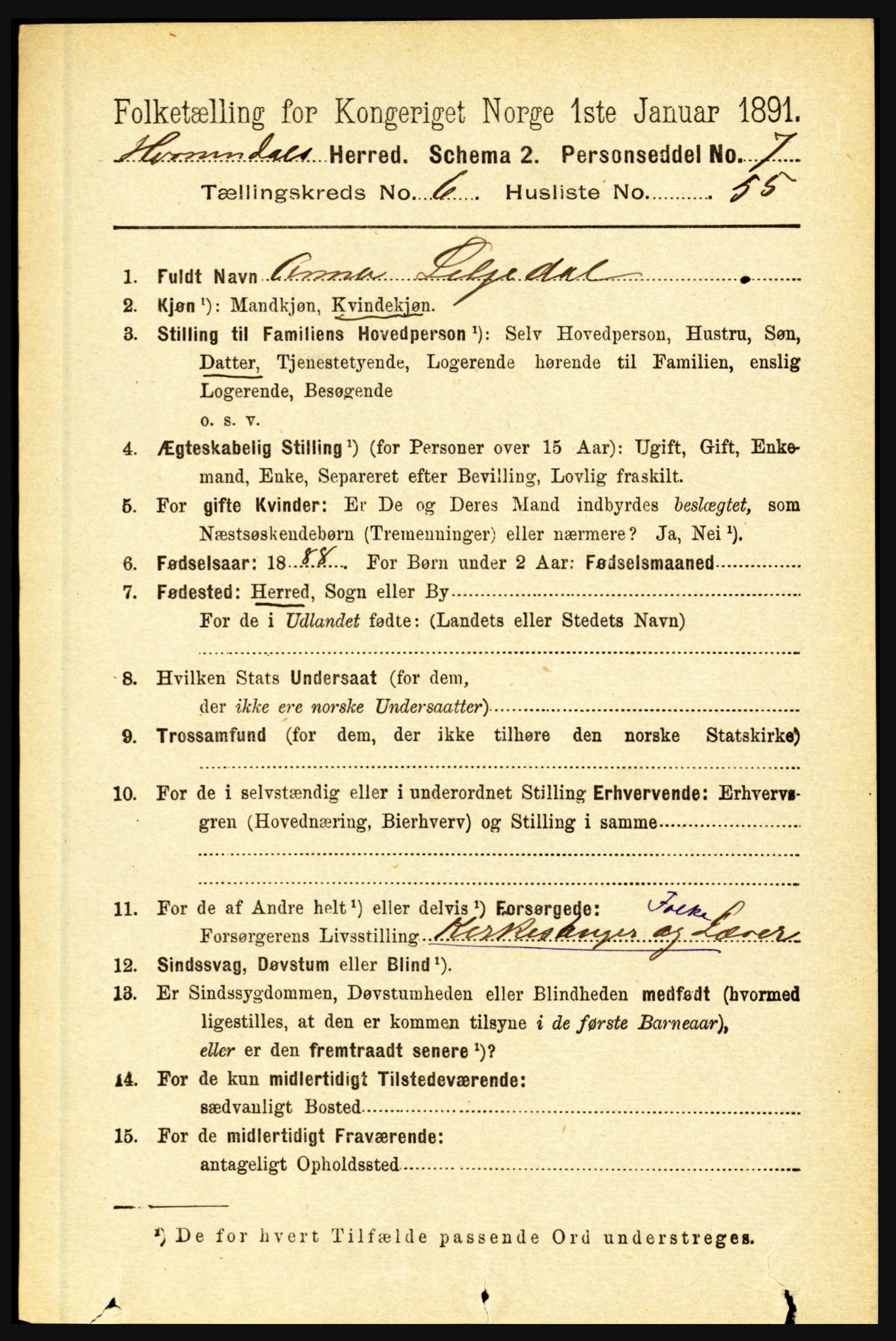 RA, 1891 census for 1444 Hornindal, 1891, p. 1723