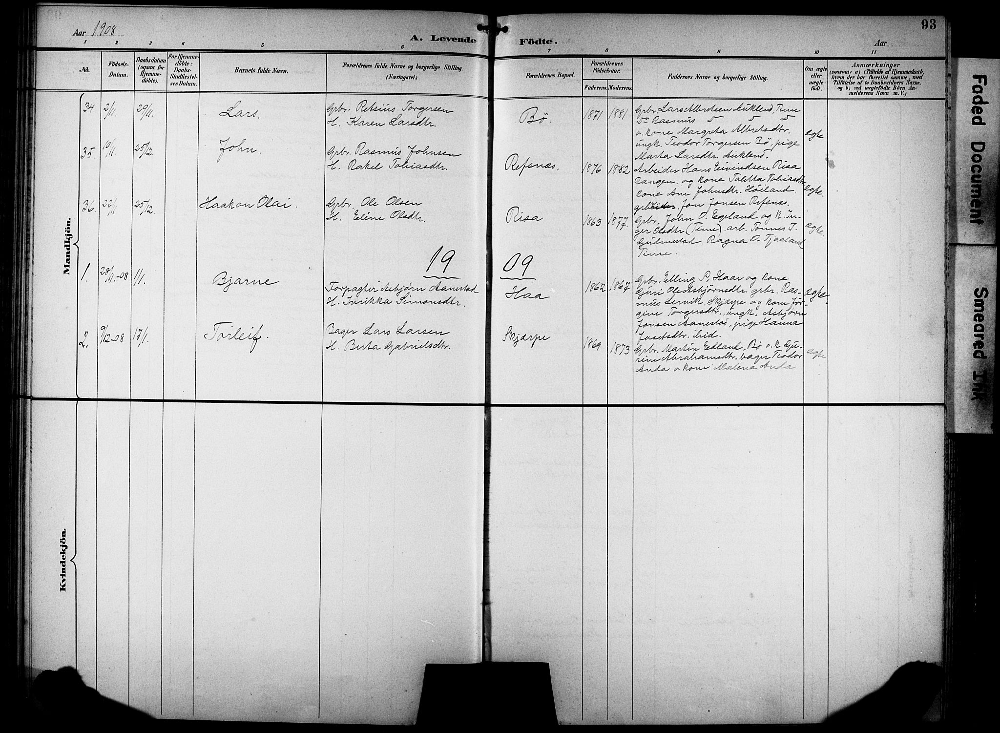 Hå sokneprestkontor, SAST/A-101801/001/30BB/L0005: Parish register (copy) no. B 5, 1894-1912, p. 93