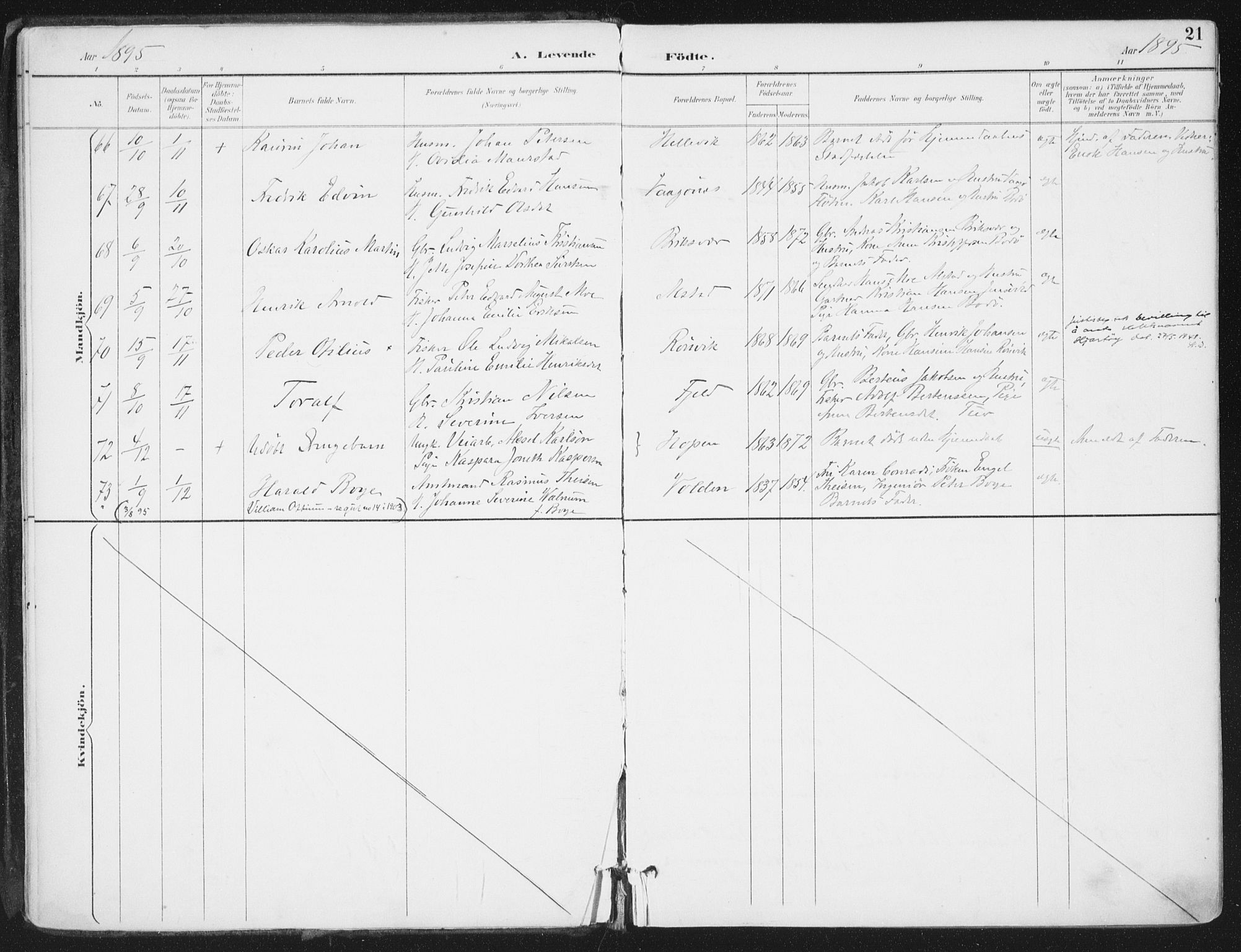 Ministerialprotokoller, klokkerbøker og fødselsregistre - Nordland, SAT/A-1459/802/L0055: Parish register (official) no. 802A02, 1894-1915, p. 21