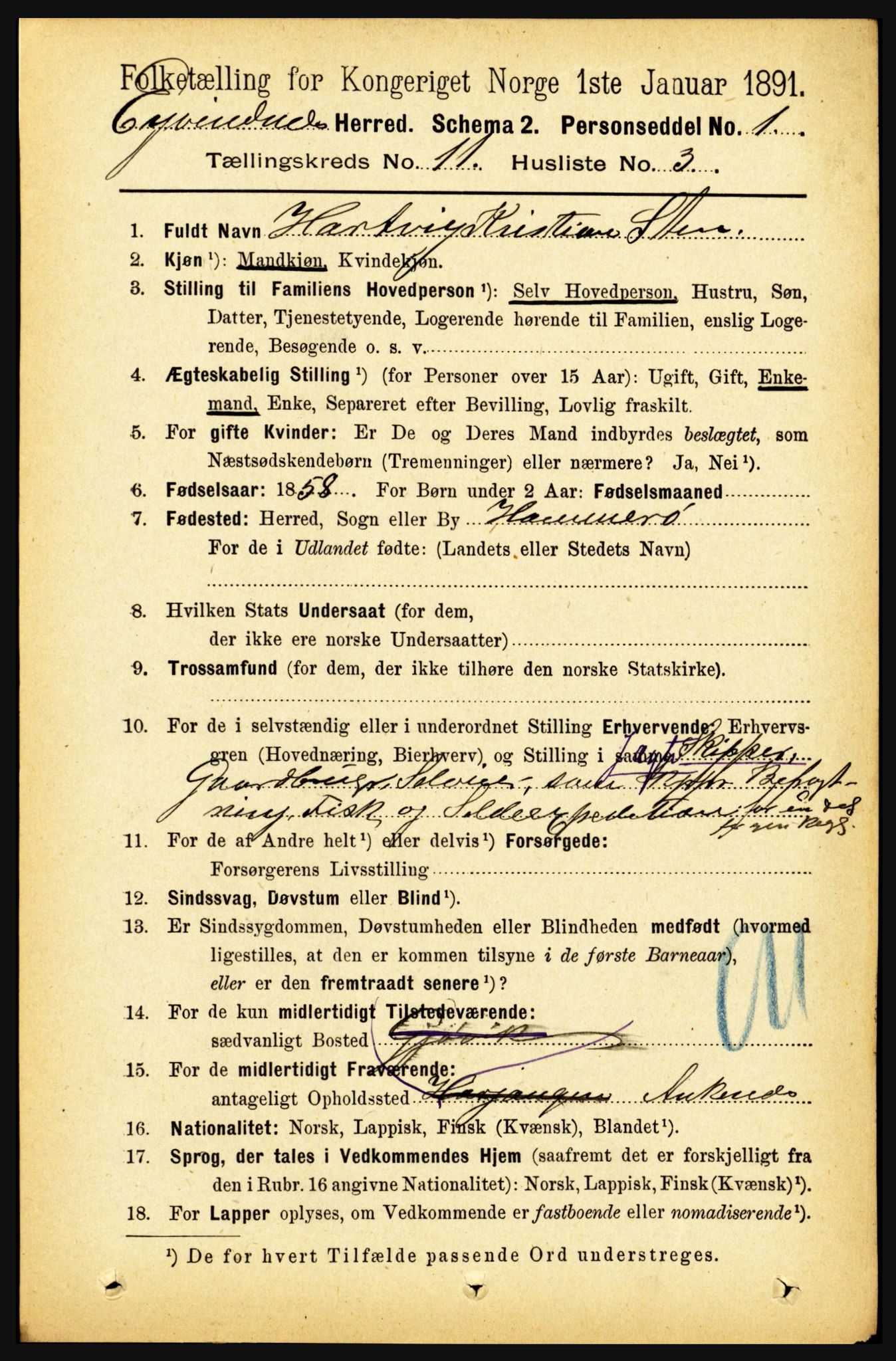 RA, 1891 census for 1853 Evenes, 1891, p. 3480