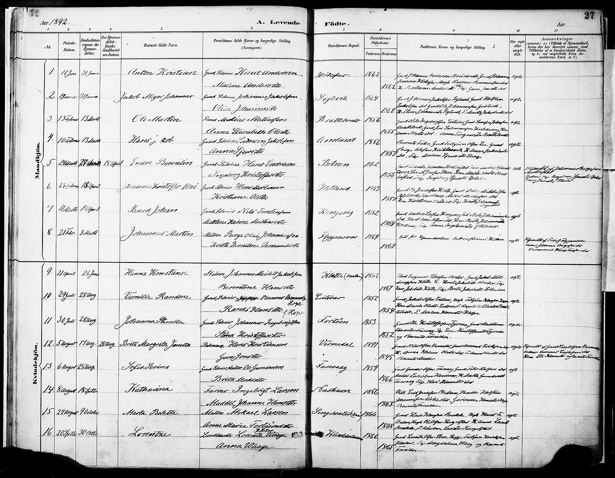 Tysnes sokneprestembete, SAB/A-78601/H/Haa: Parish register (official) no. D 1, 1887-1904, p. 27