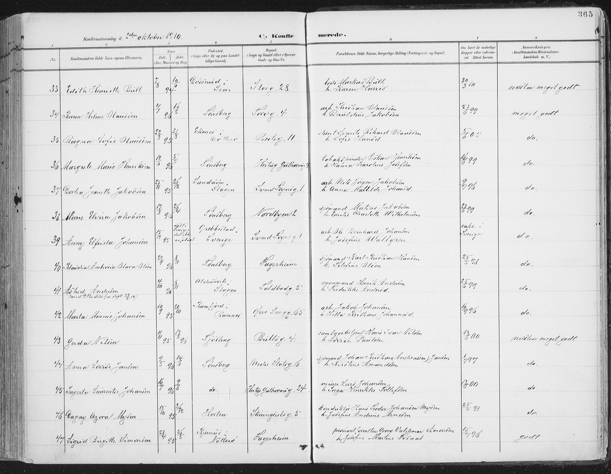 Tønsberg kirkebøker, AV/SAKO-A-330/F/Fa/L0014: Parish register (official) no. I 14, 1900-1913, p. 365