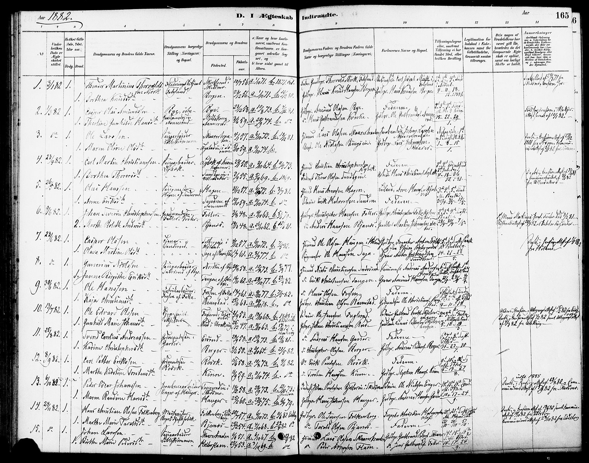 Fet prestekontor Kirkebøker, SAO/A-10370a/F/Fa/L0014: Parish register (official) no. I 14, 1878-1891, p. 165