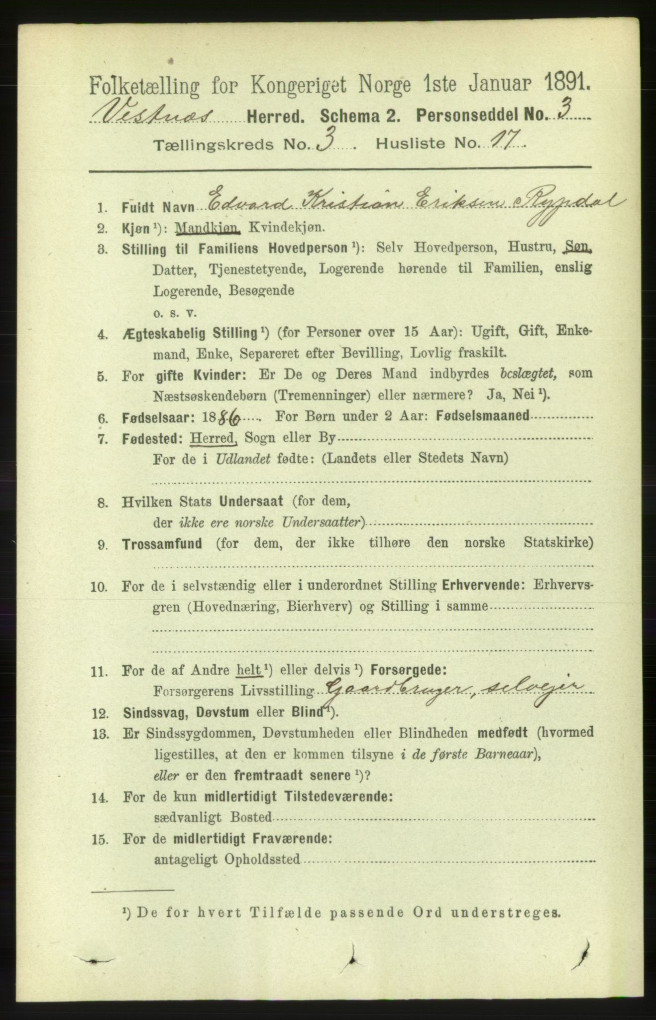 RA, 1891 census for 1535 Vestnes, 1891, p. 967