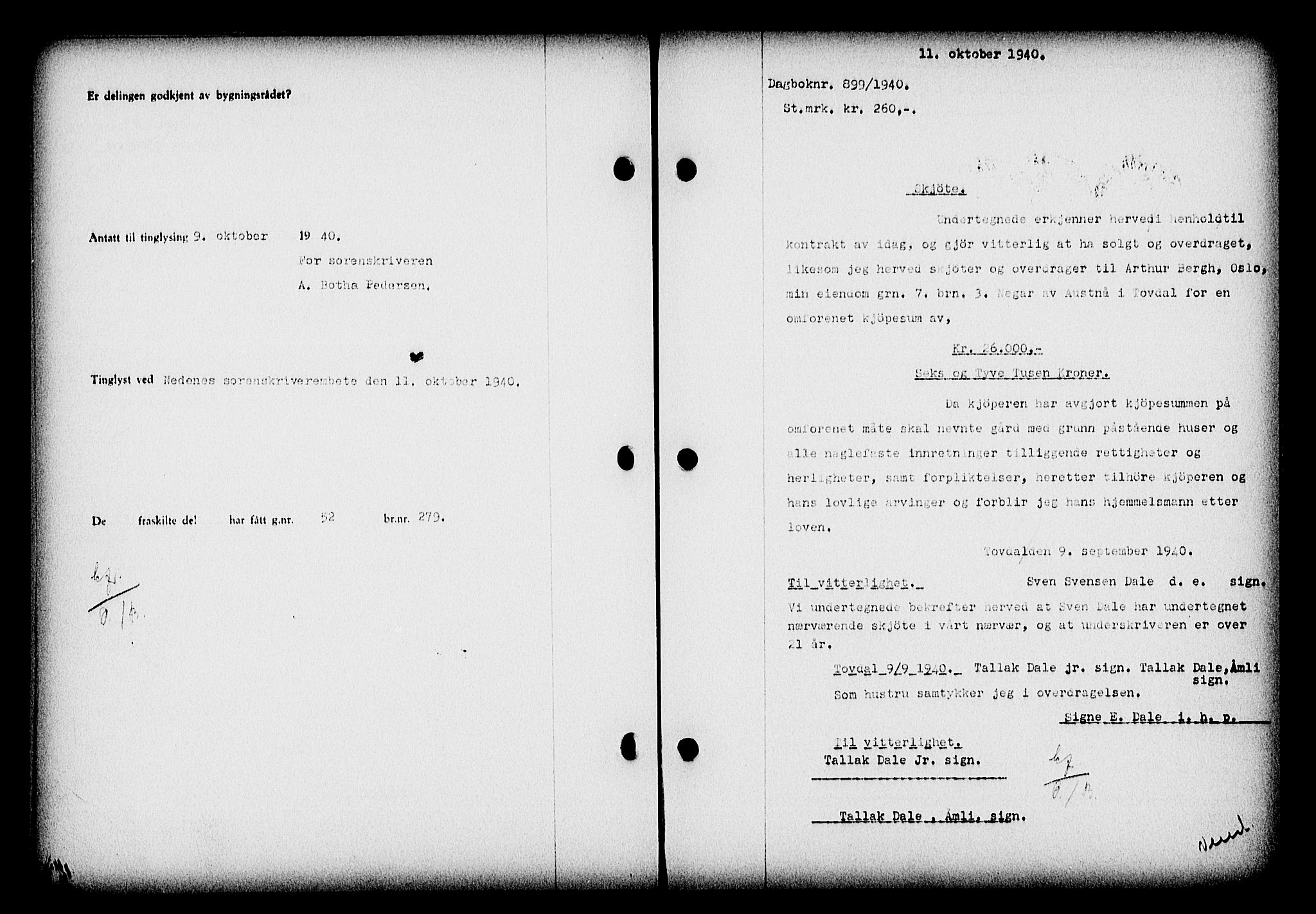 Nedenes sorenskriveri, SAK/1221-0006/G/Gb/Gba/L0047: Mortgage book no. A-I, 1939-1940, Diary no: : 899/1940