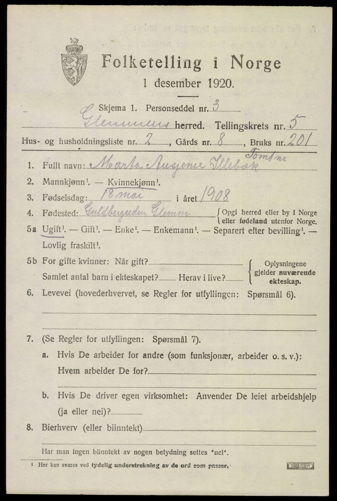 SAO, 1920 census for Glemmen, 1920, p. 16741