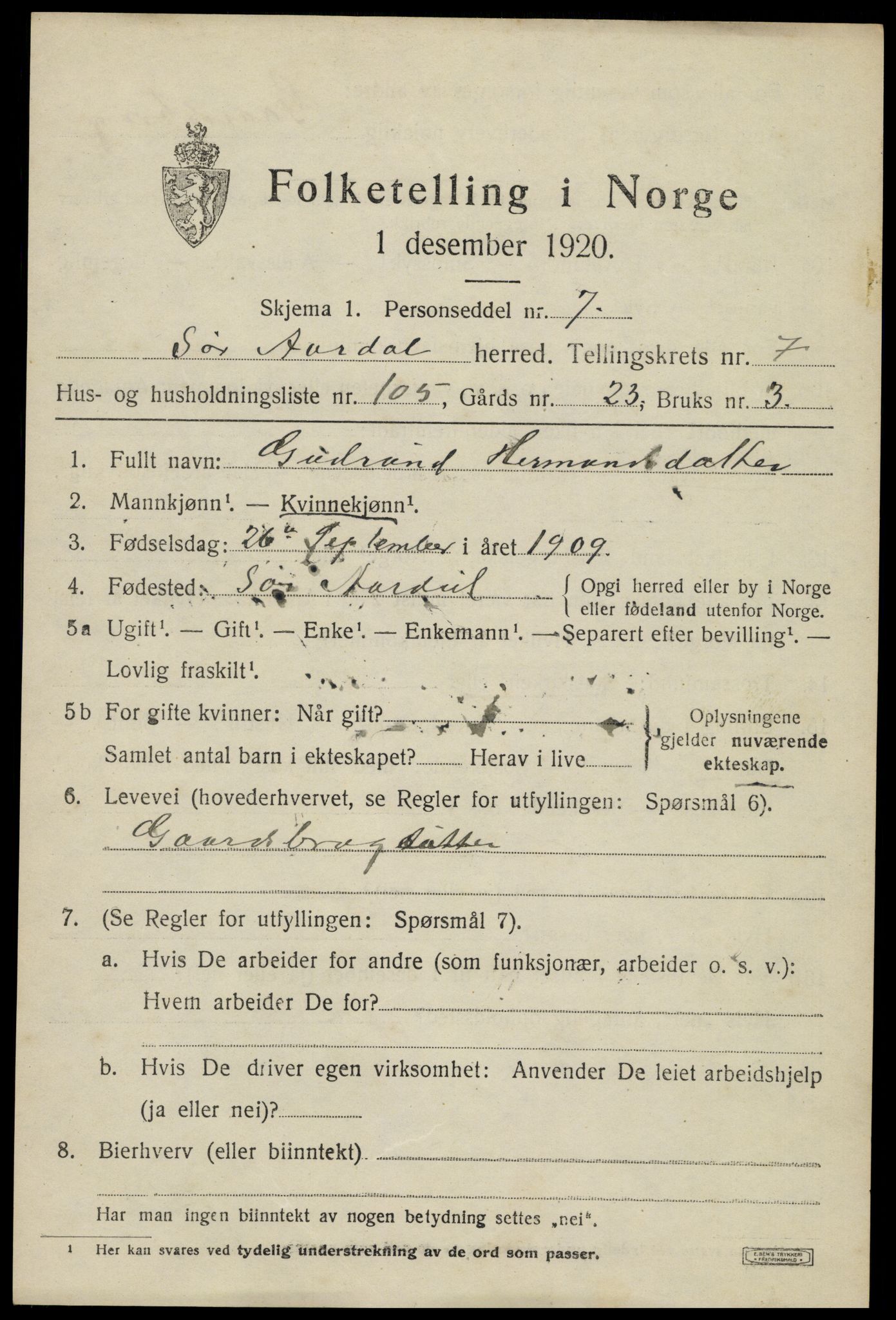 SAH, 1920 census for Sør-Aurdal, 1920, p. 4749