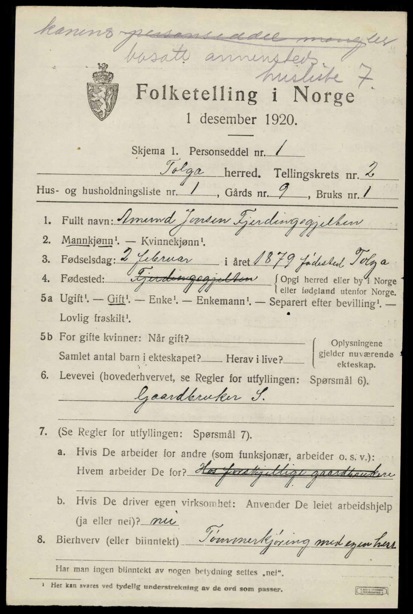 SAH, 1920 census for Tolga, 1920, p. 1667
