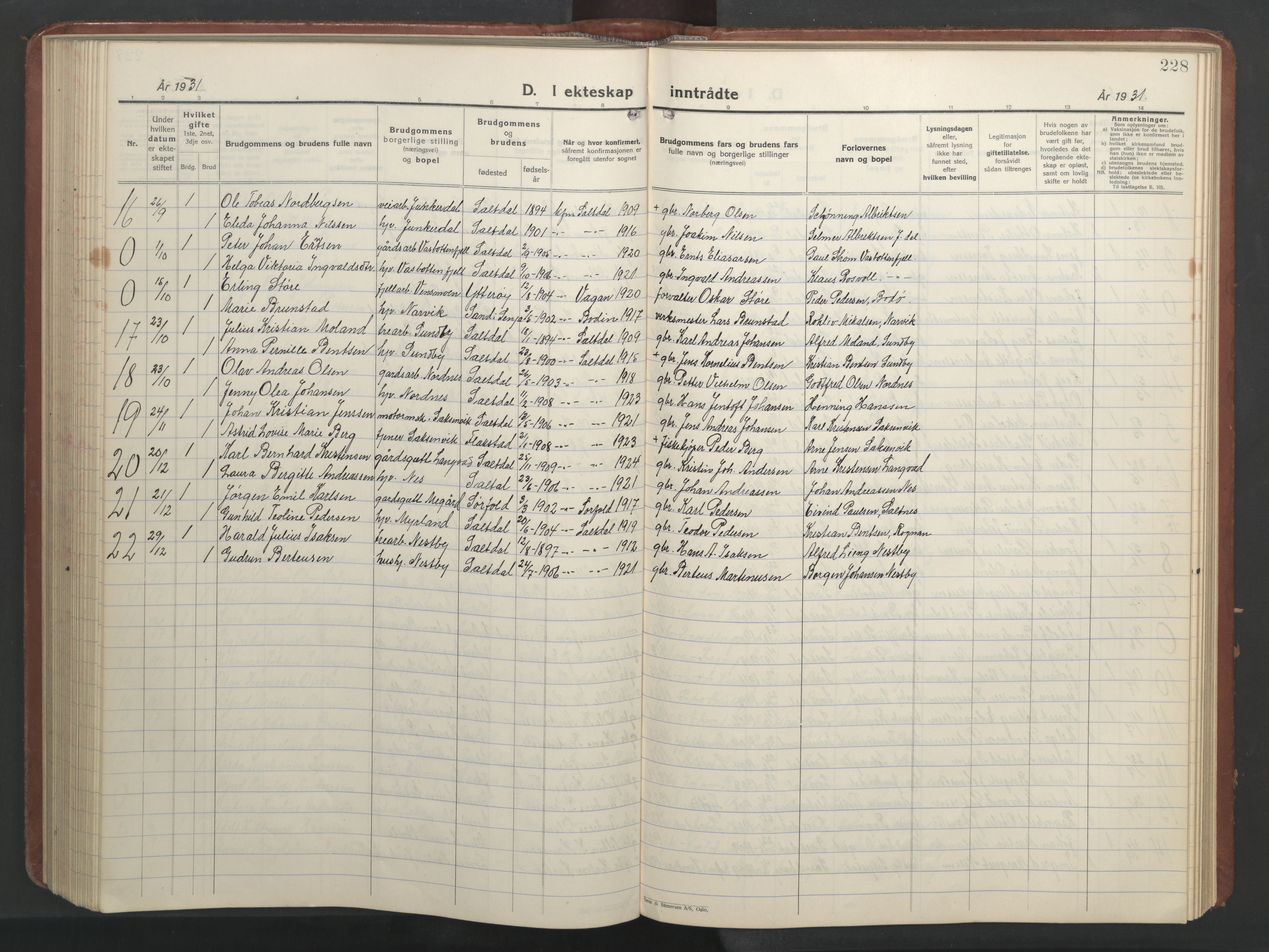 Ministerialprotokoller, klokkerbøker og fødselsregistre - Nordland, AV/SAT-A-1459/847/L0680: Parish register (copy) no. 847C08, 1930-1947, p. 228