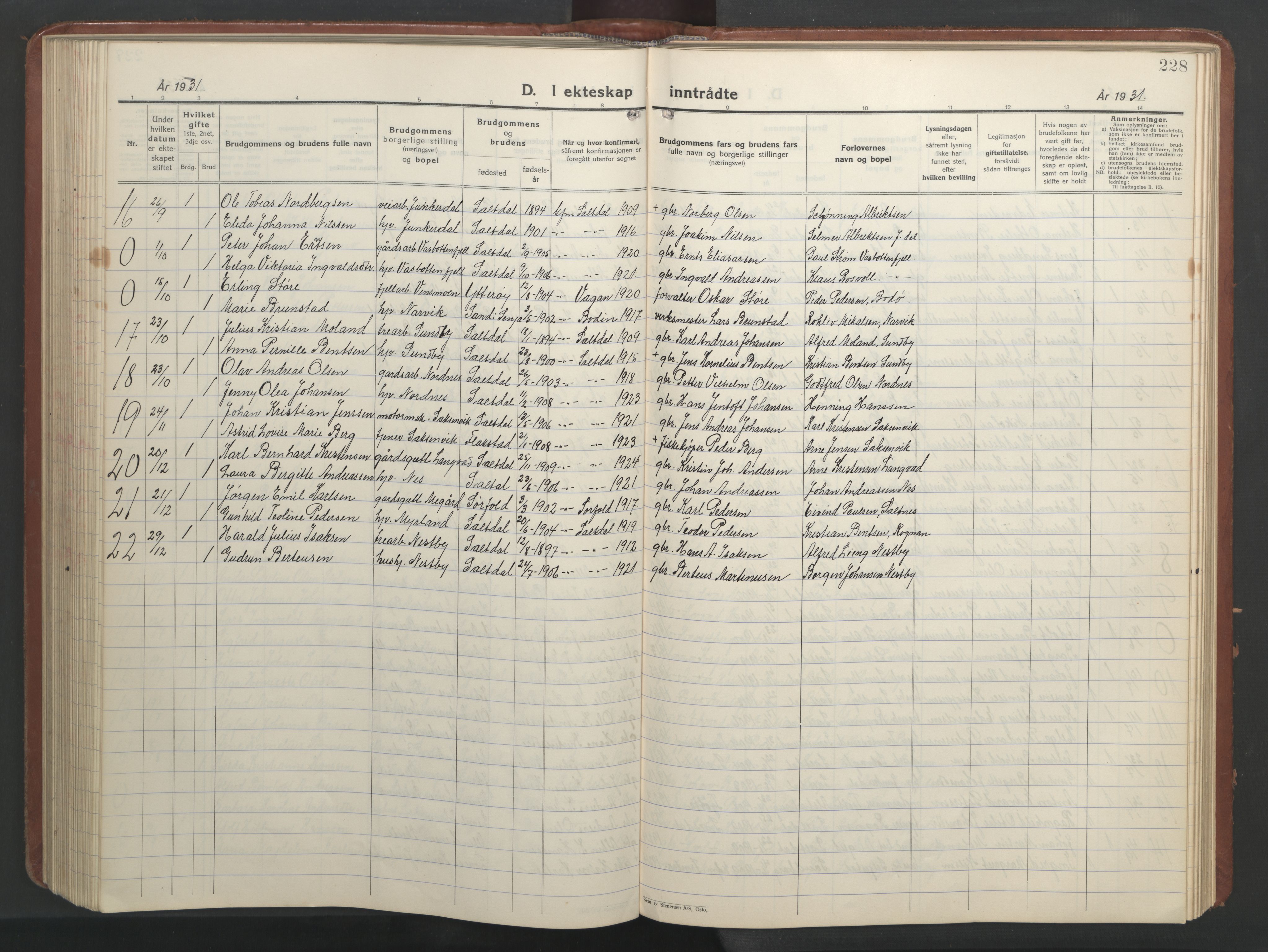 Ministerialprotokoller, klokkerbøker og fødselsregistre - Nordland, SAT/A-1459/847/L0680: Parish register (copy) no. 847C08, 1930-1947, p. 228