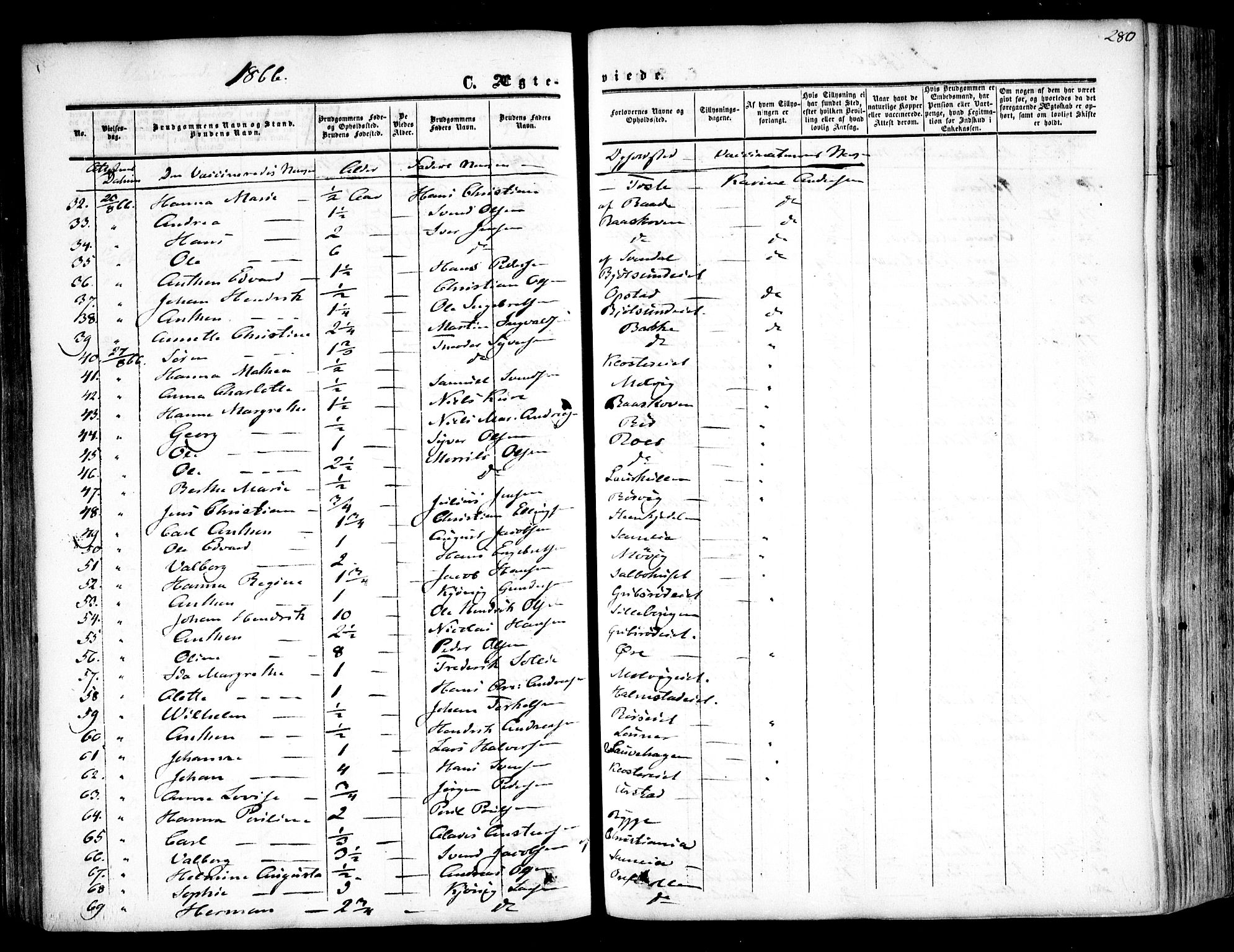 Rygge prestekontor Kirkebøker, SAO/A-10084b/F/Fa/L0005: Parish register (official) no. 5, 1852-1871, p. 280