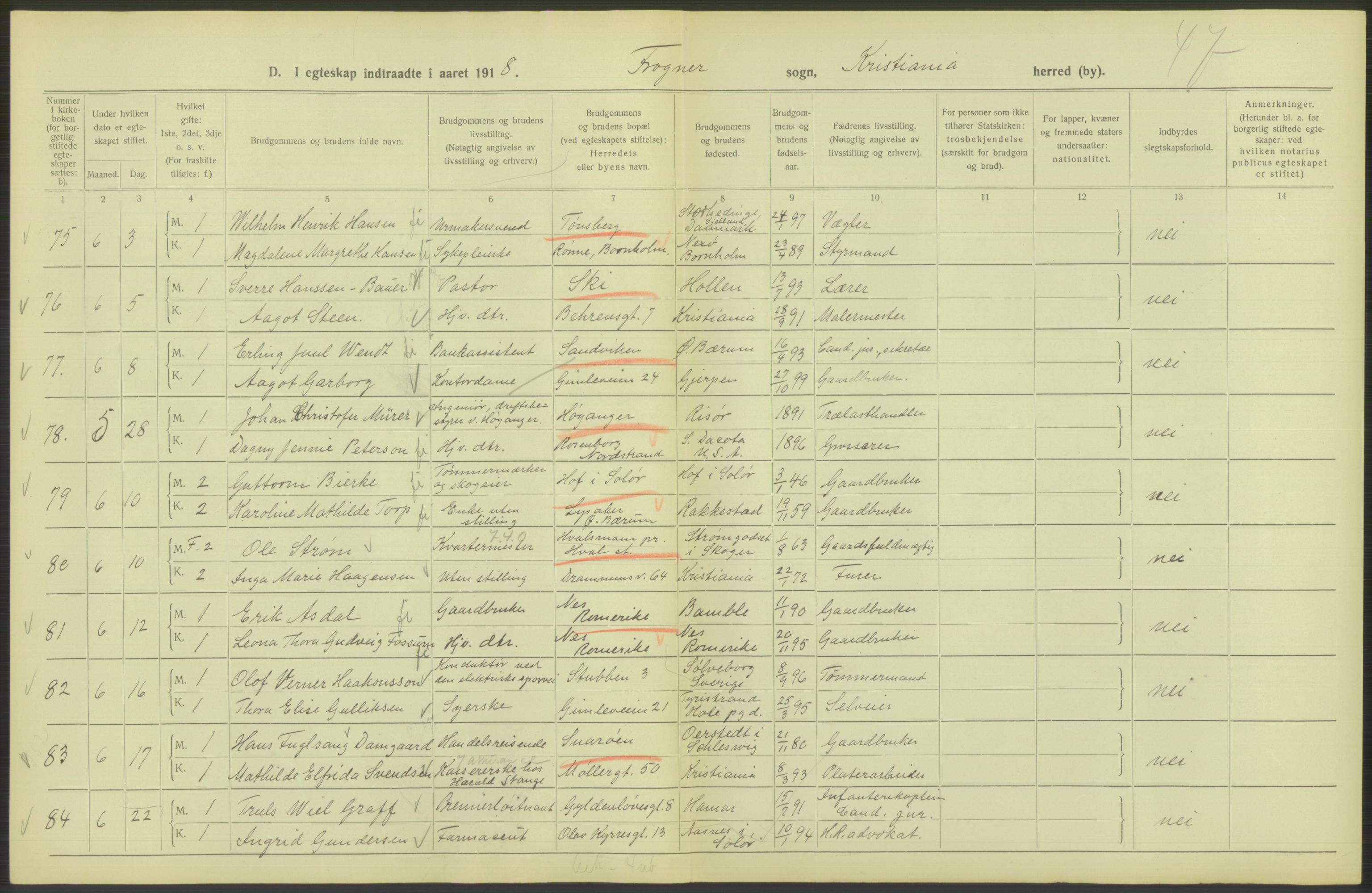 Statistisk sentralbyrå, Sosiodemografiske emner, Befolkning, AV/RA-S-2228/D/Df/Dfb/Dfbh/L0009: Kristiania: Gifte, 1918, p. 144