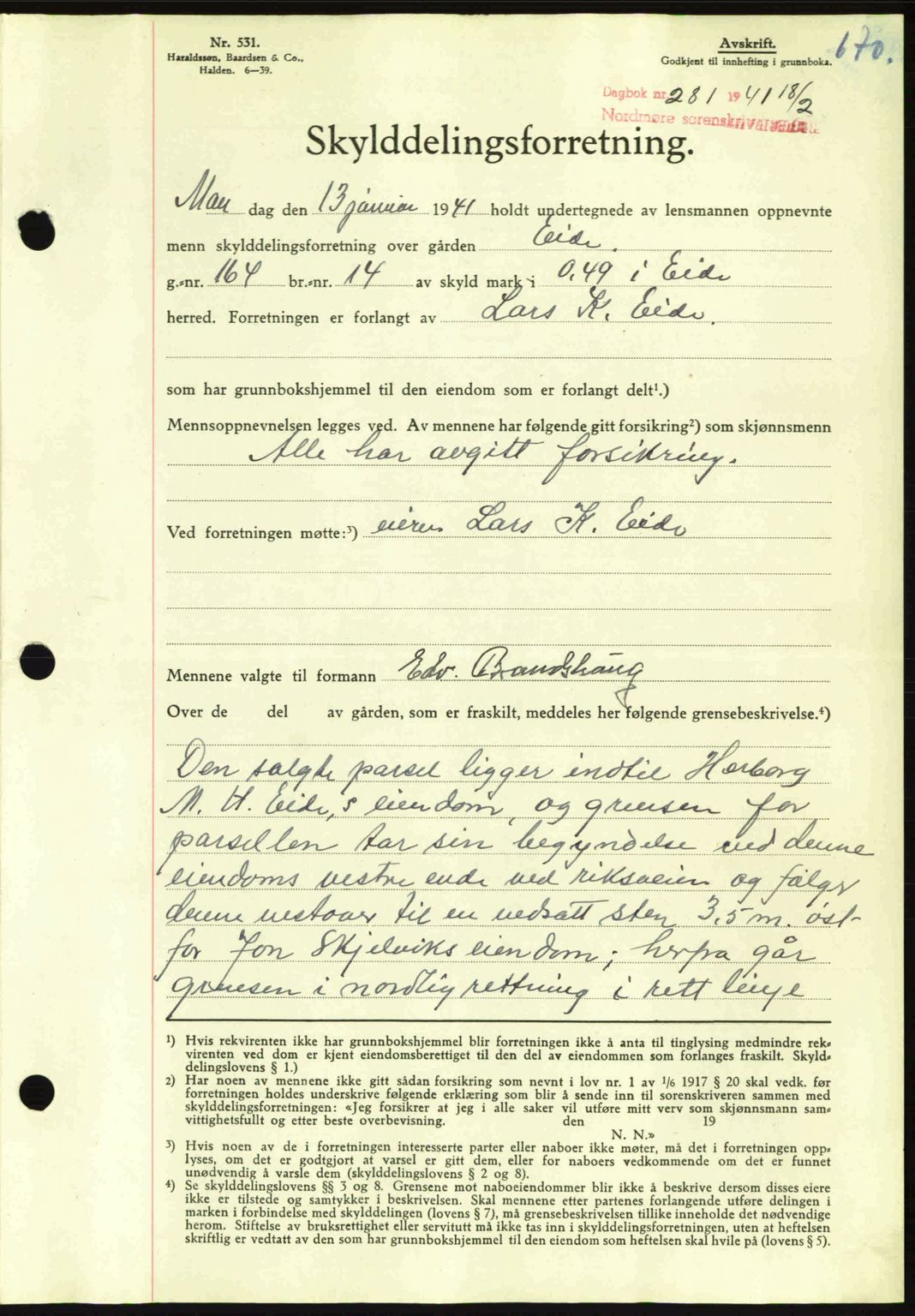 Nordmøre sorenskriveri, SAT/A-4132/1/2/2Ca: Mortgage book no. A89, 1940-1941, Diary no: : 281/1941