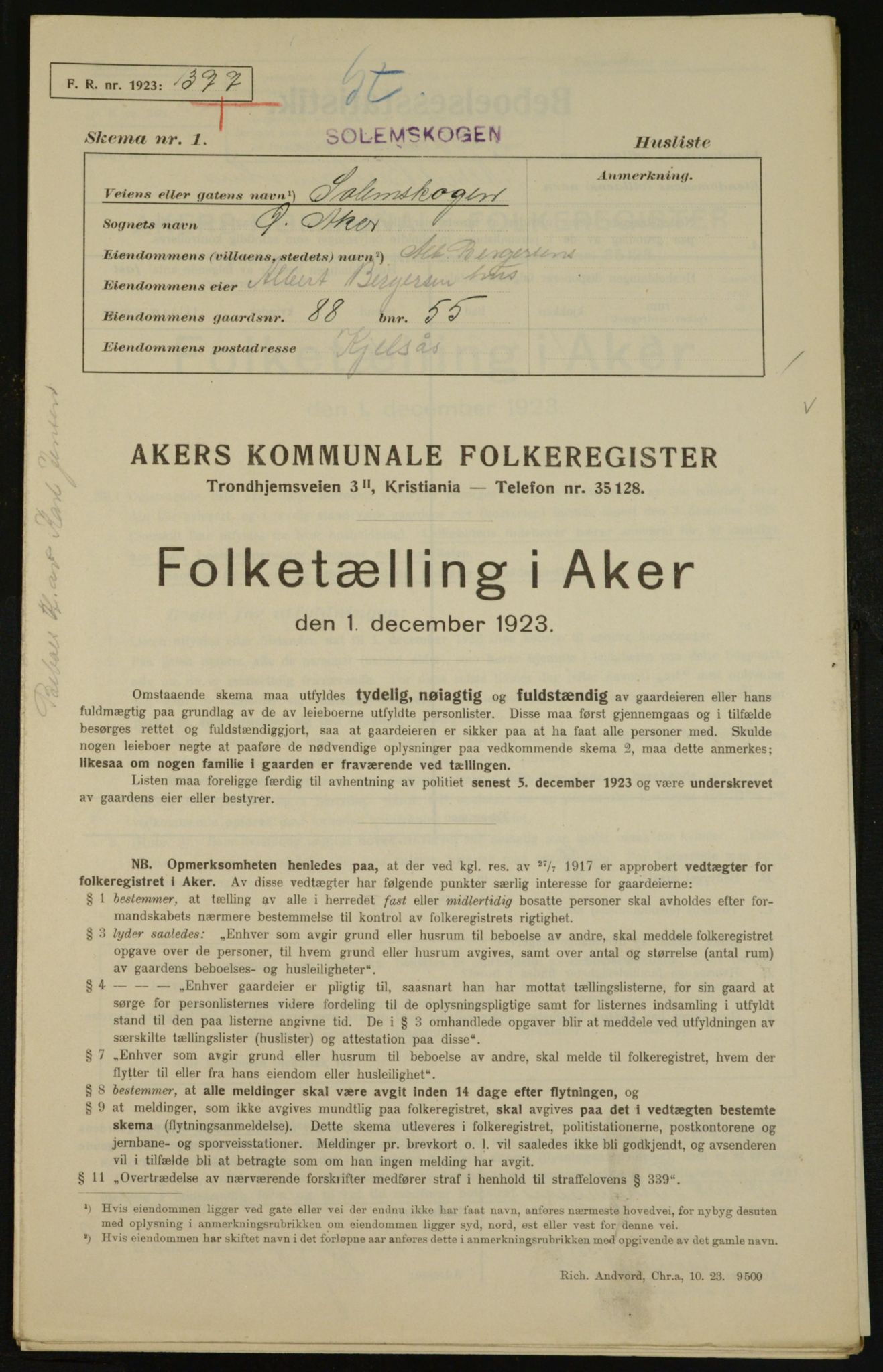 , Municipal Census 1923 for Aker, 1923, p. 31107